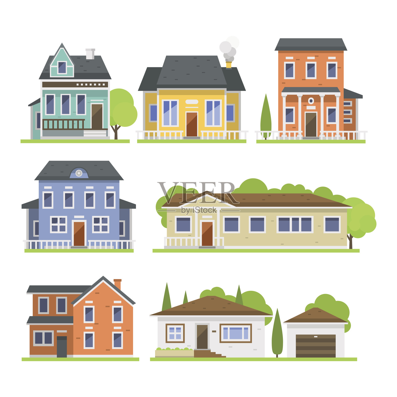 可爱的彩色公寓风格的住宅村落标志房地产别墅和住宅设计多彩的住宅建筑施工矢量插图设计元素图片