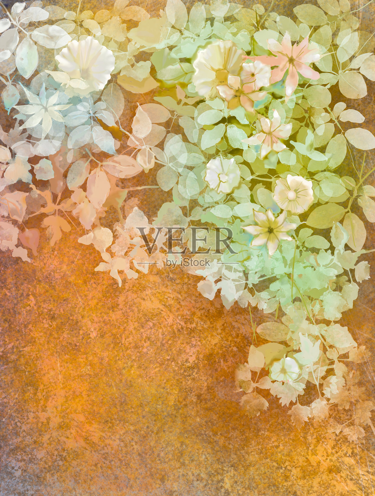 水彩画上白色的花朵和柔软的绿叶插画图片素材
