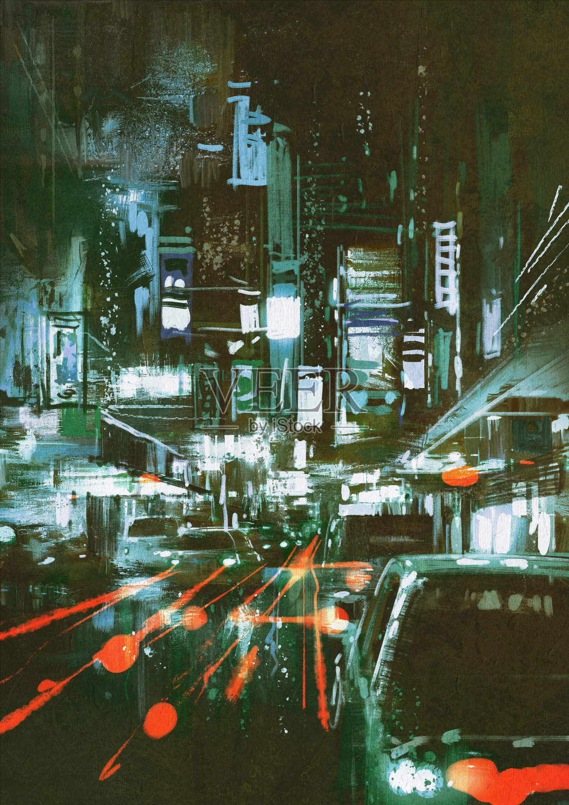 夜晚城市街道上的汽车尾灯插画图片素材