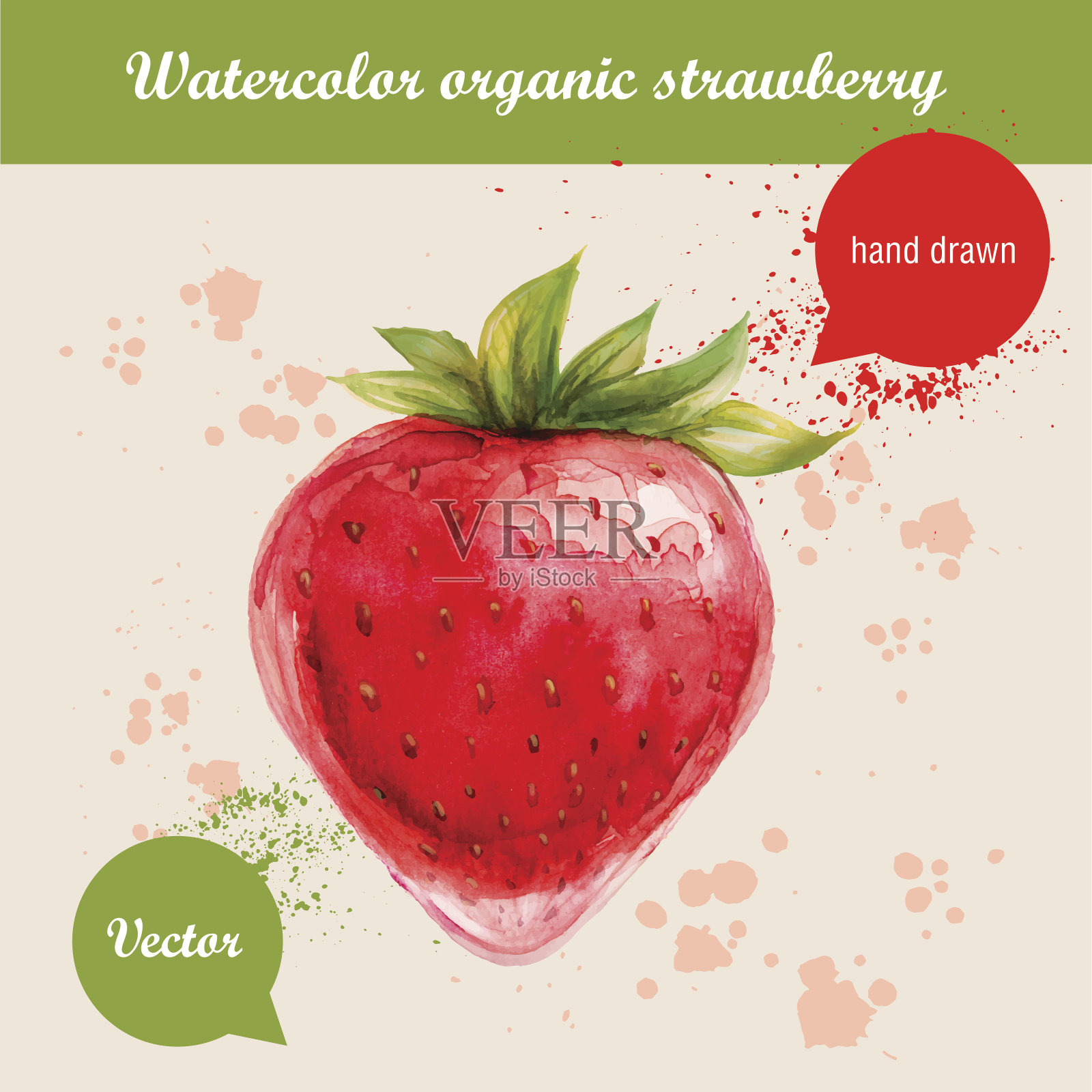 水彩手绘红草莓与水彩滴插画图片素材