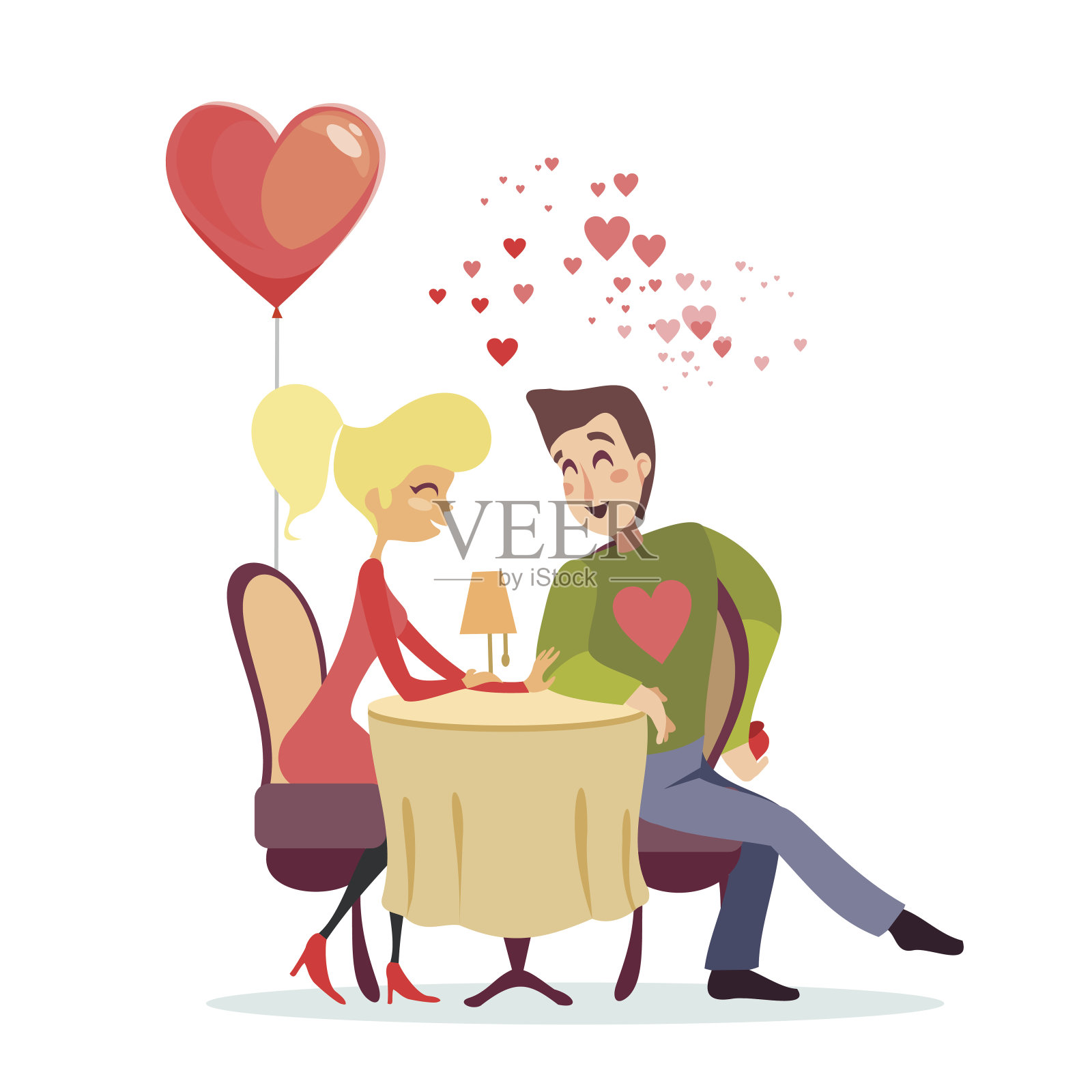 年轻的女孩和男孩在餐馆浪漫约会。插画图片素材