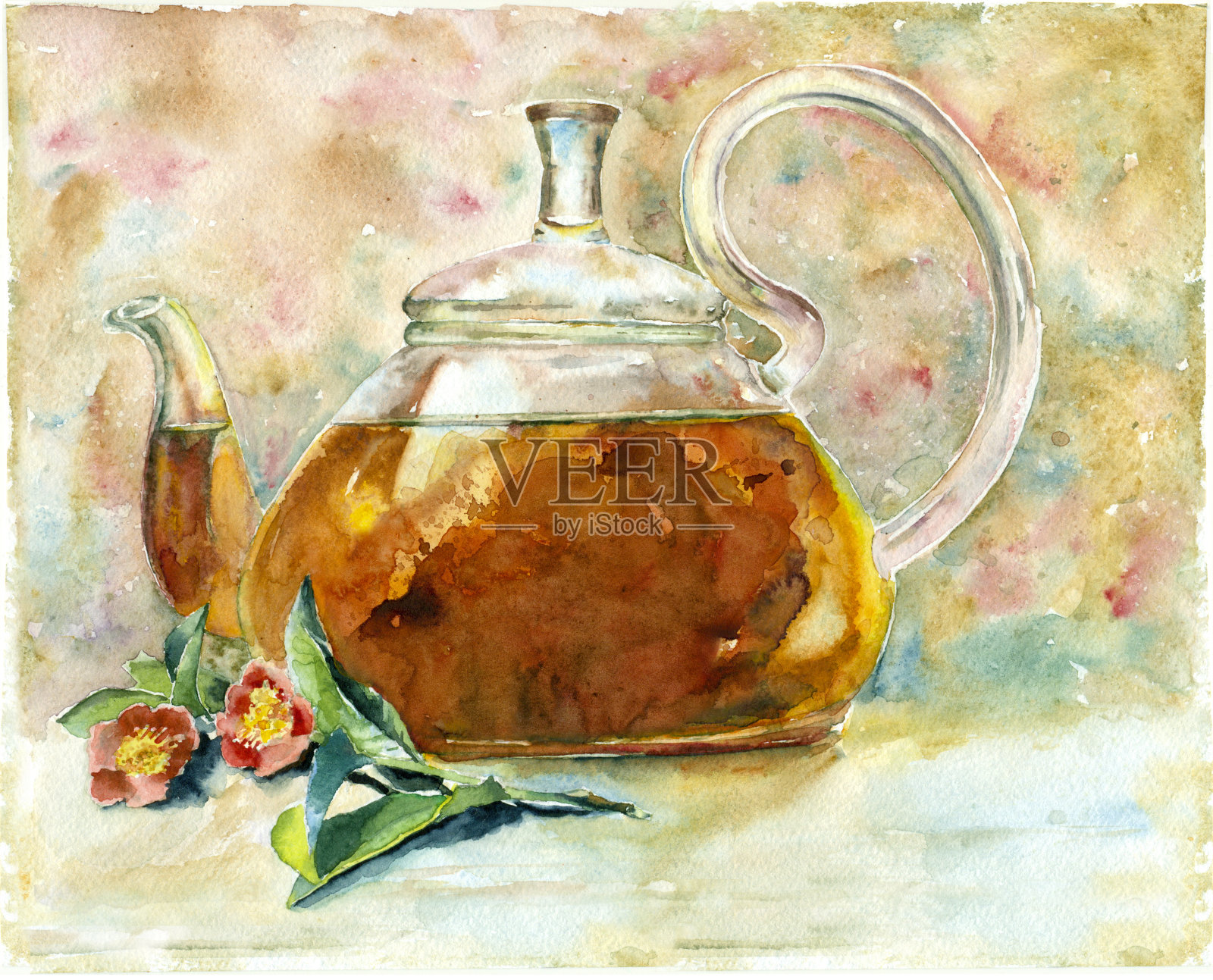 水壶里的水彩红茶。插画图片素材