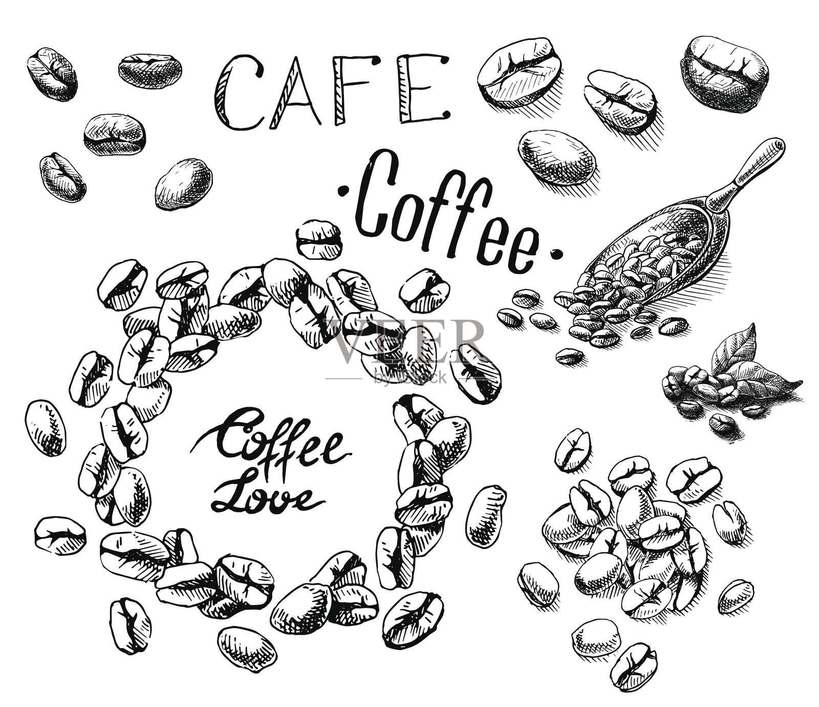一套咖啡豆和叶子勺插画图片素材