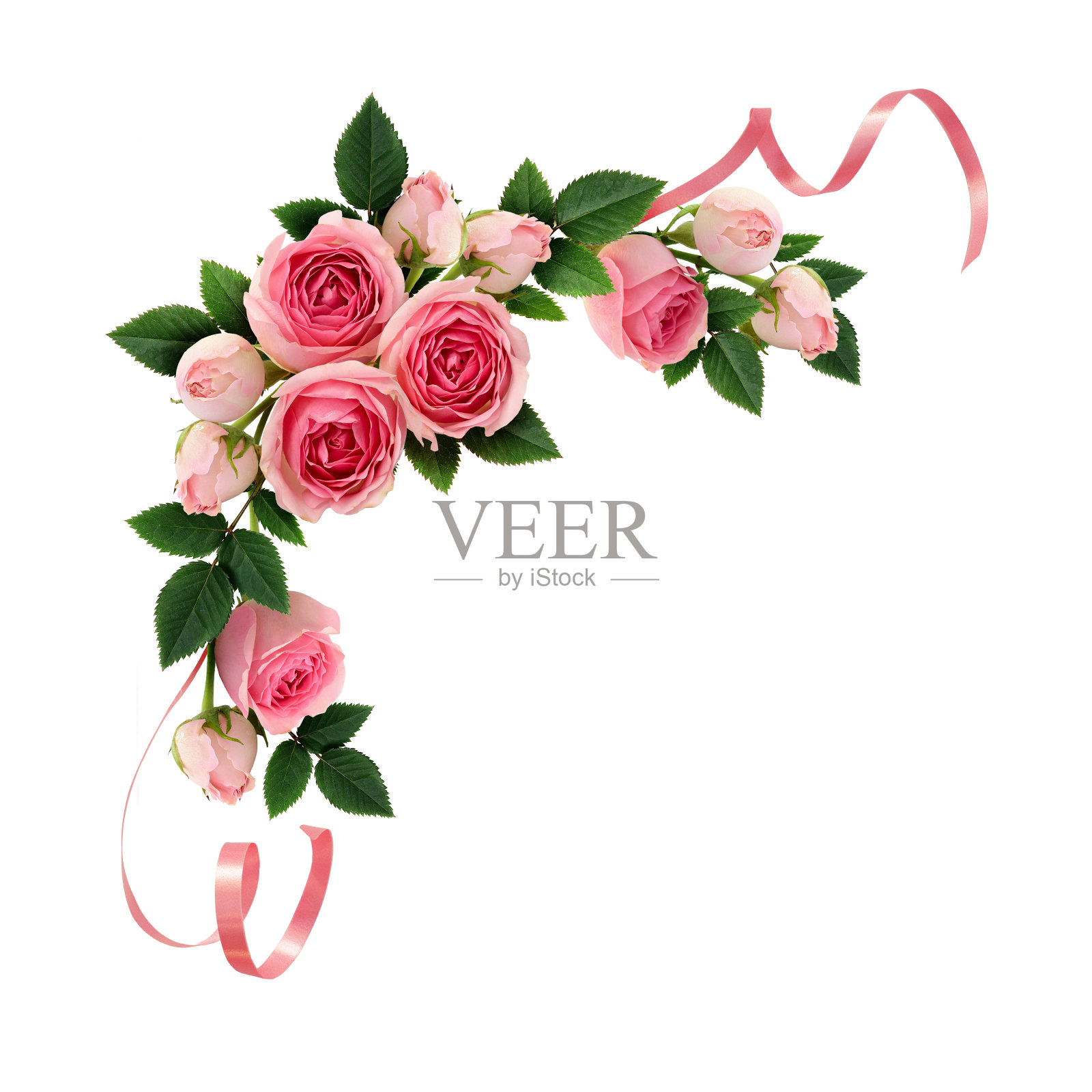 粉红玫瑰花和彩带的转角布置照片摄影图片