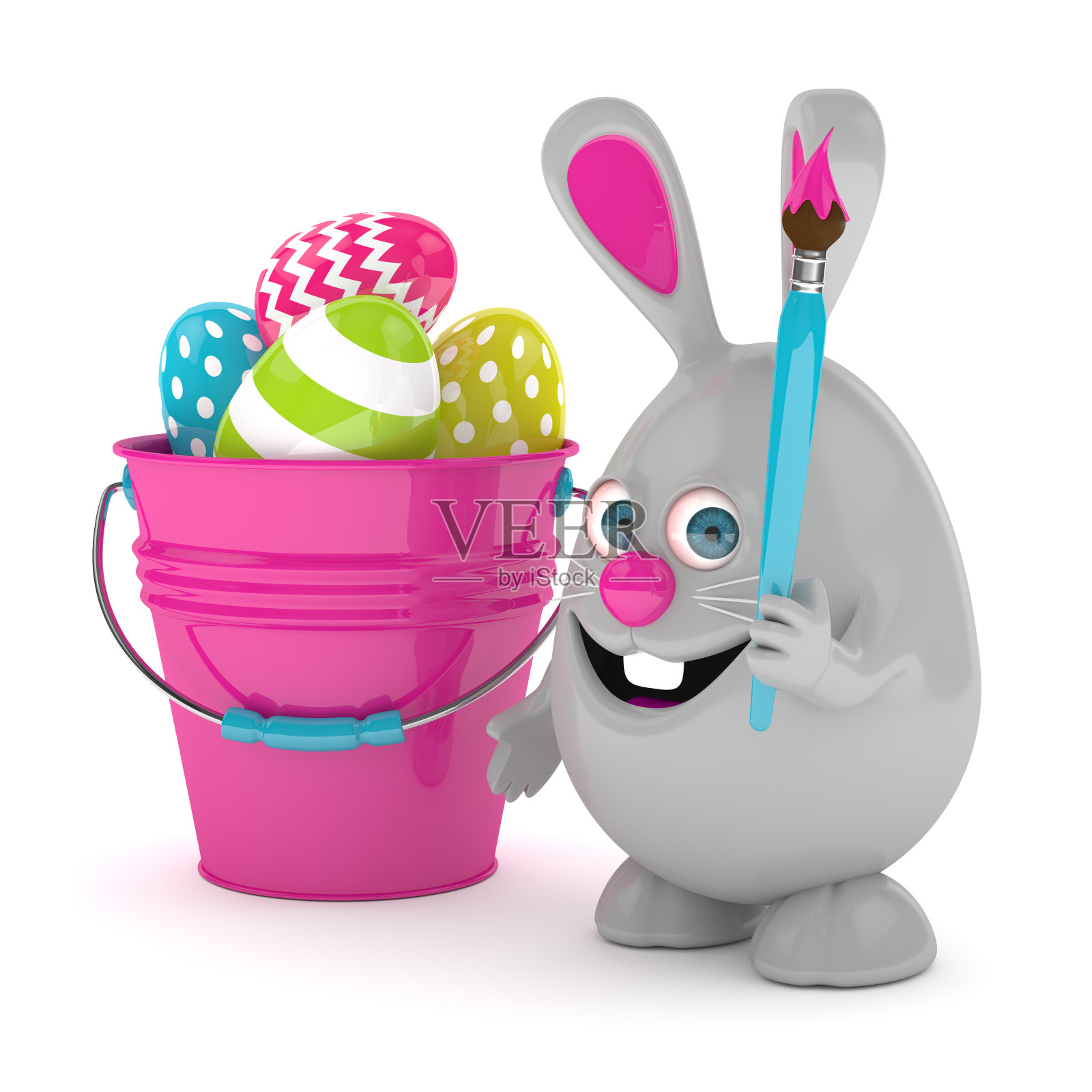复活节兔子与鸡蛋和桶的3d渲染插画图片素材