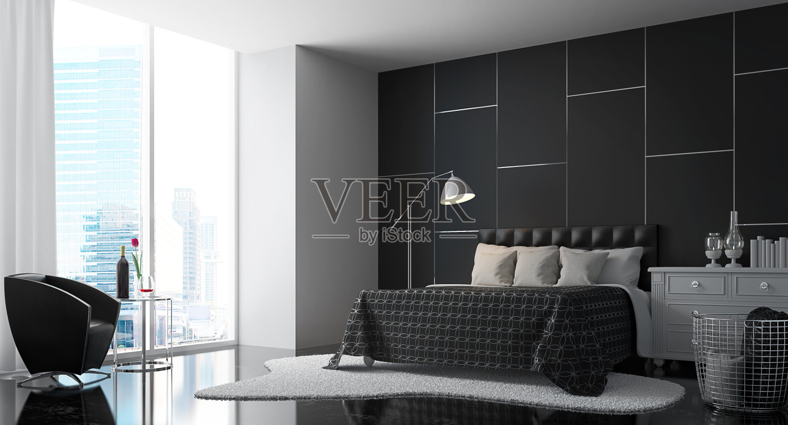 现代卧室与黑白3d渲染图像照片摄影图片