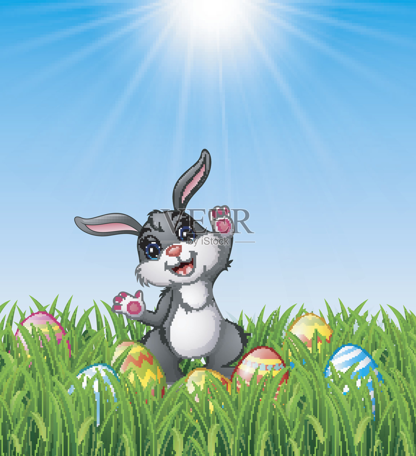 草地上放着复活节彩蛋的卡通兔子插画图片素材