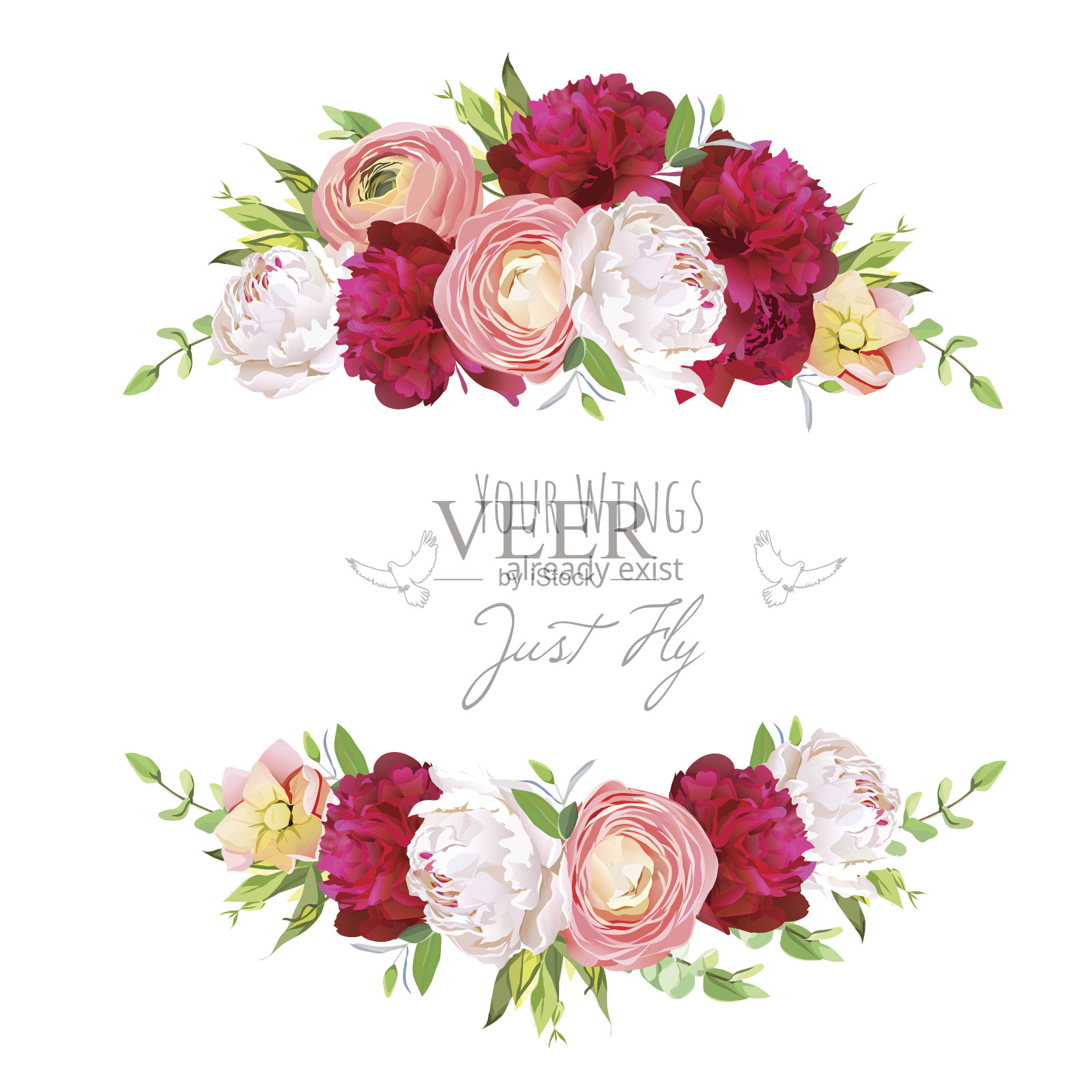紫红色和白色牡丹，粉红色毛茛，玫瑰矢车菊插画图片素材