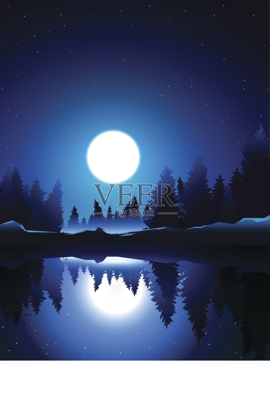 在夜晚和月亮湖附近的松木插画图片素材