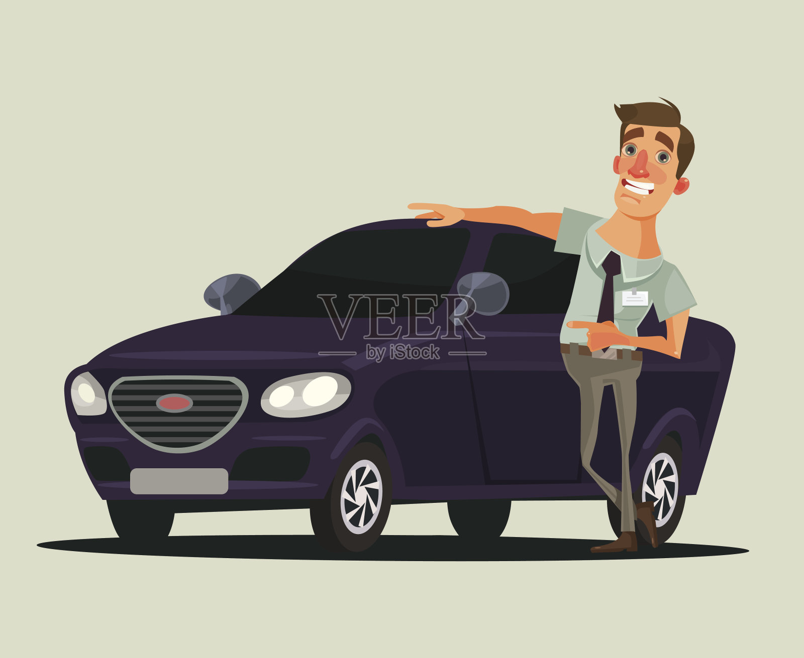 快乐微笑的汽车经销商销售员男子性格展示新车插画图片素材