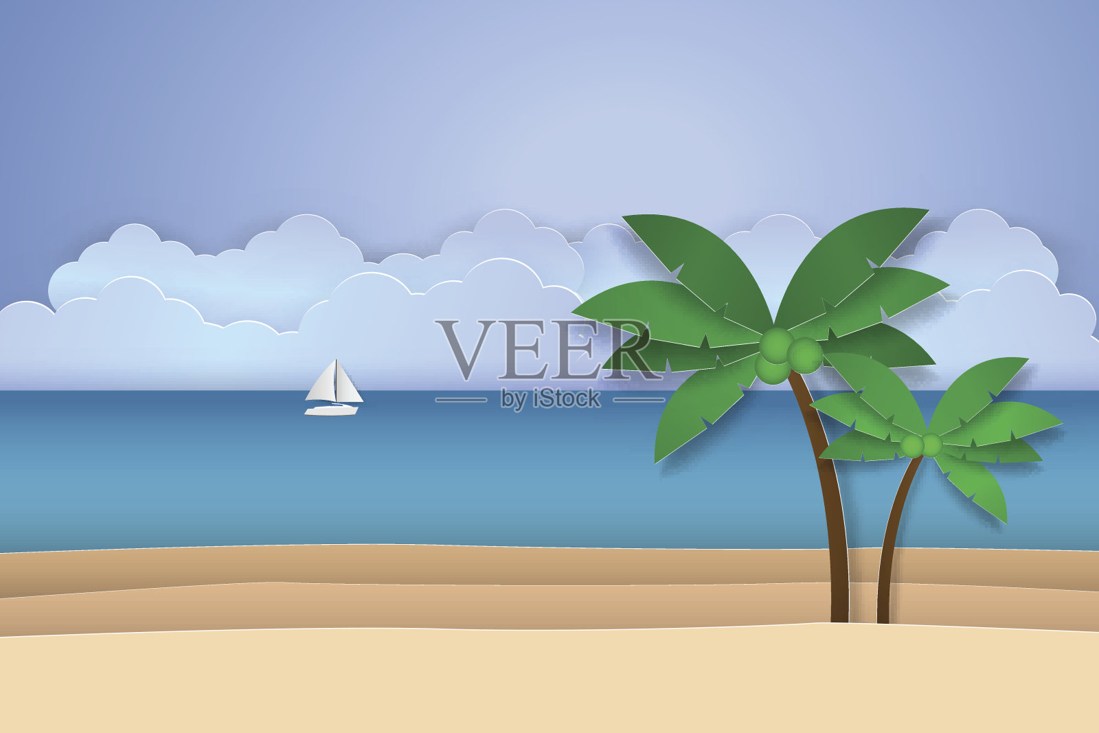 大海与地平线和椰子树的海滩插画图片素材