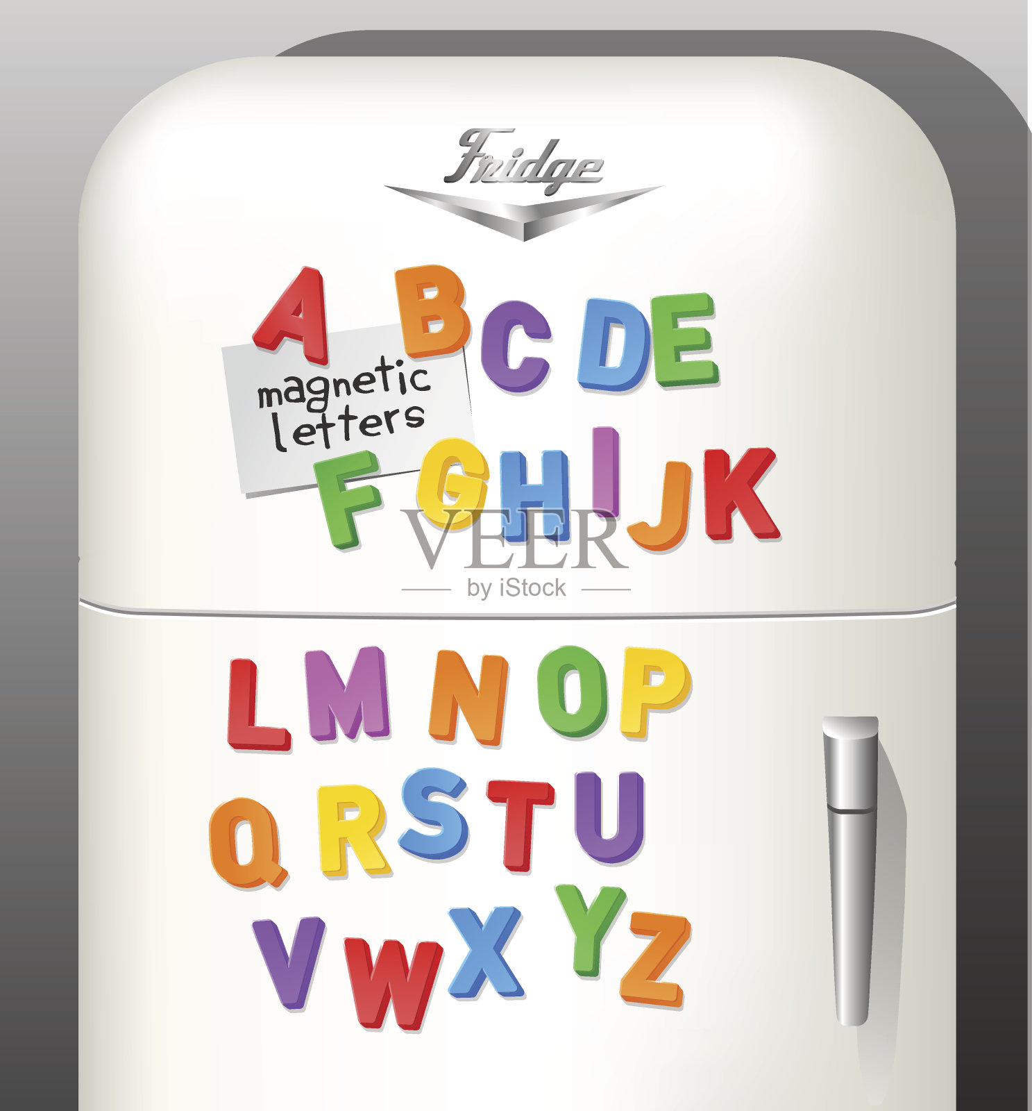 儿童的塑料磁性字母显示在老式冰箱上。用作字体或设计元素。矢量插图。设计元素图片