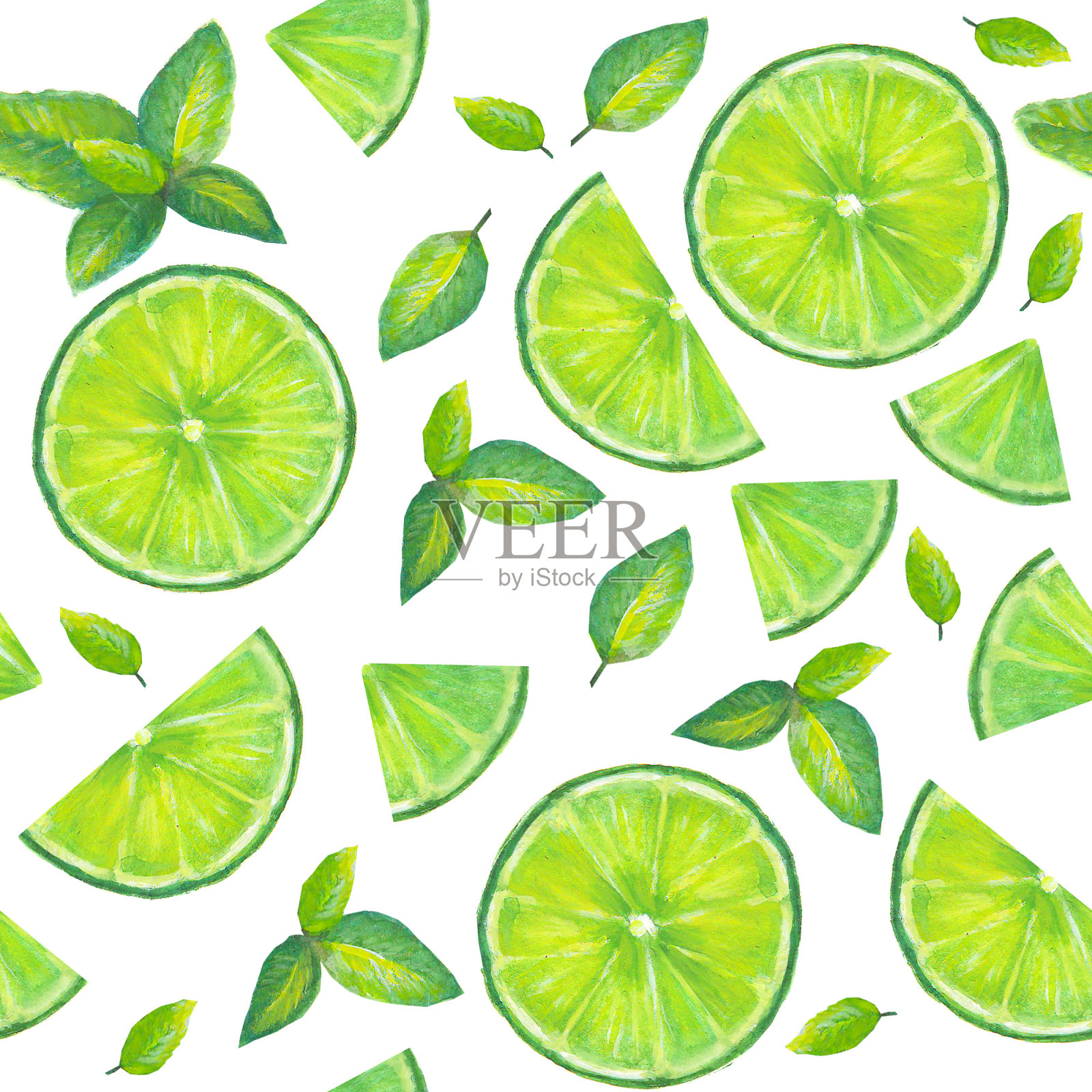 水彩手绘无缝模式与片柠檬和薄荷叶在白色的背景插画图片素材