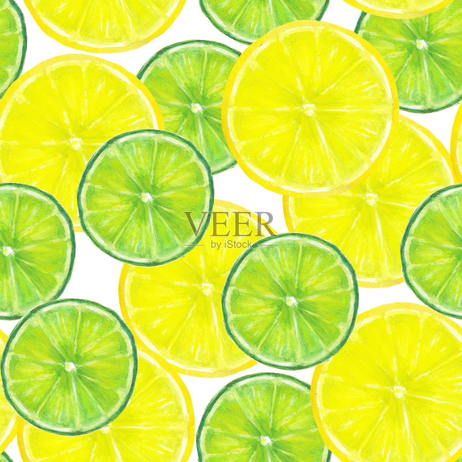 水彩无缝纹理与柠檬片和酸橙在白色的背景插画图片素材