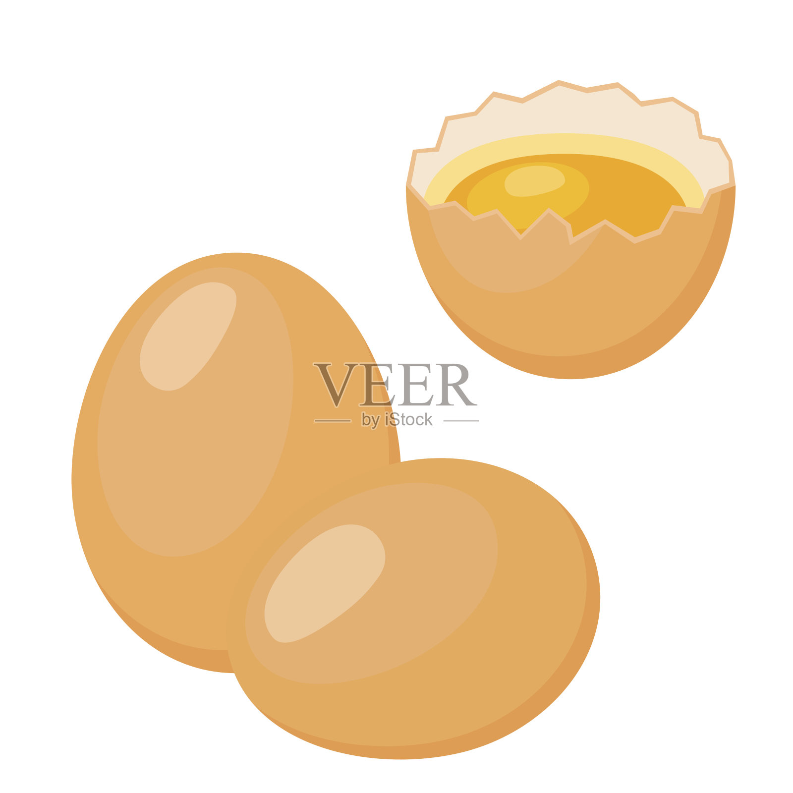 鸡蛋在卡通平面风格。破蛋，带蛋黄的蛋壳插画图片素材