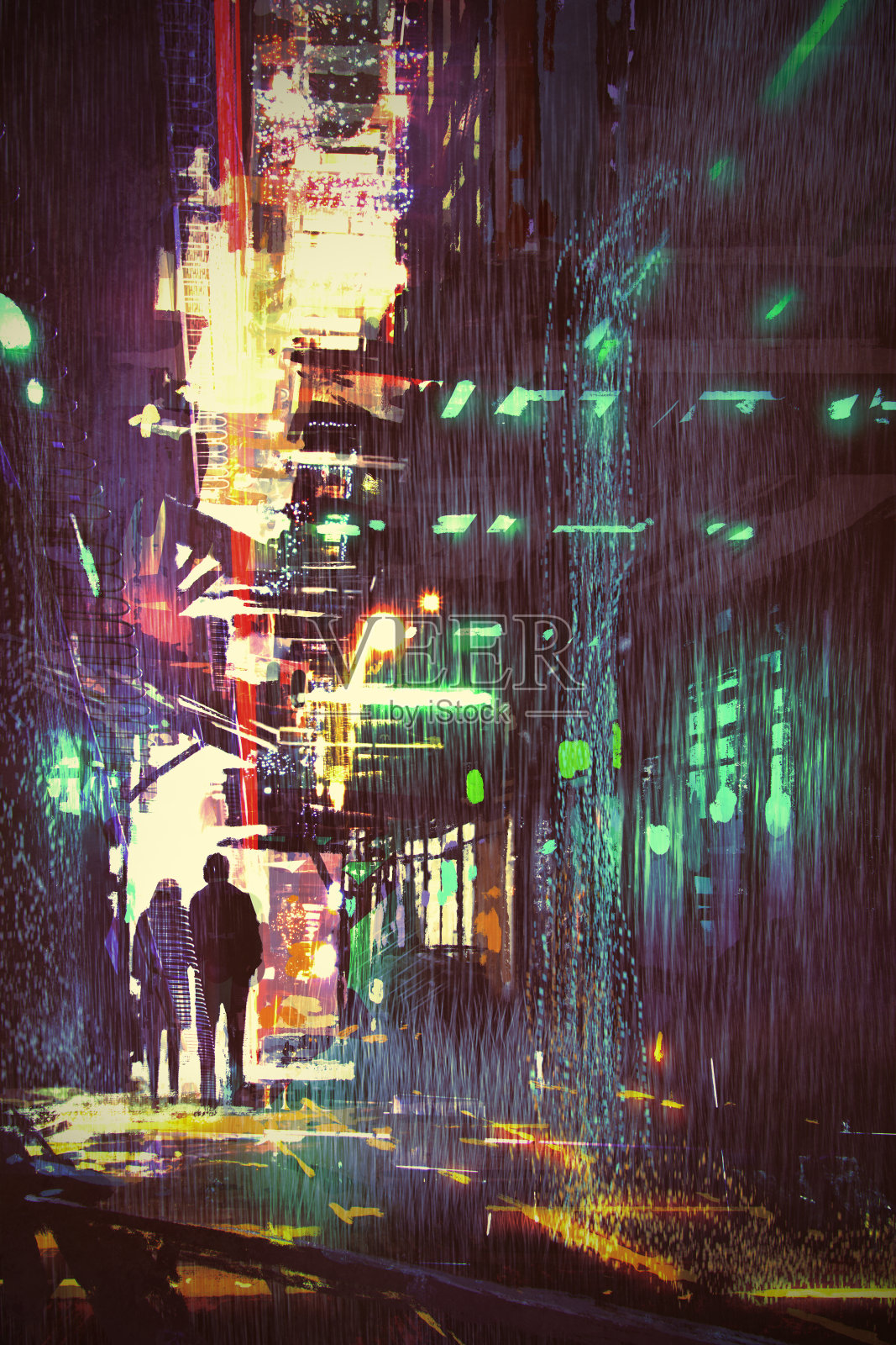 一对情侣在雨夜的小巷里散步插画图片素材