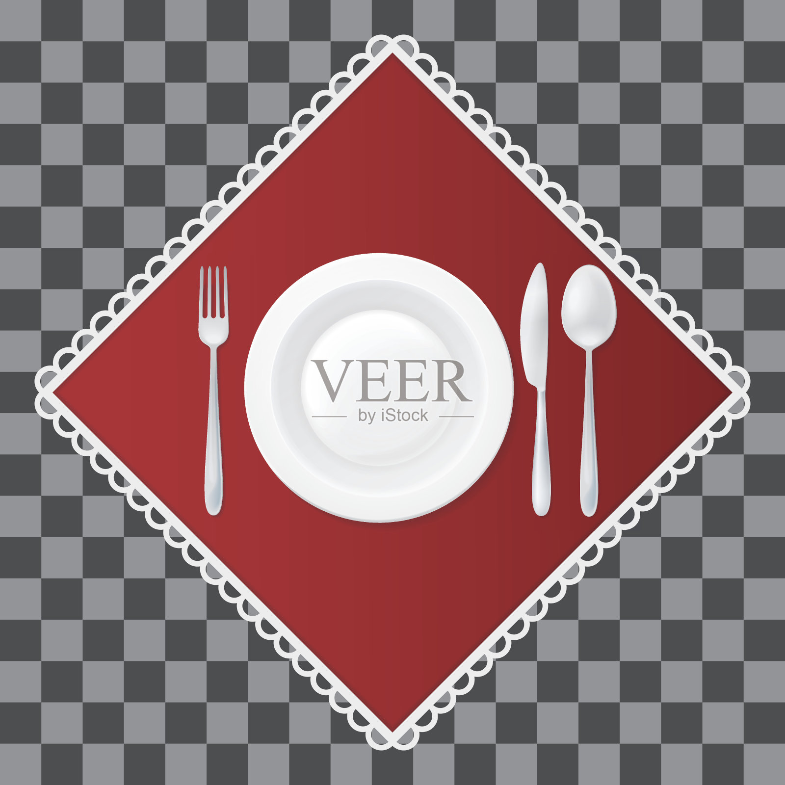 叉子，刀和勺子，一个汤盘在红色餐巾。餐具和餐具。向量illustraion。插画图片素材