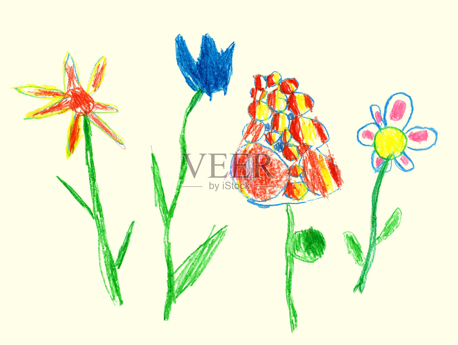 铅笔和蜡笔像孩子在米色上画五颜六色的花朵。像孩子画的粉笔盛开的花朵集。可爱的孩子喜欢画春天的草地。插画图片素材