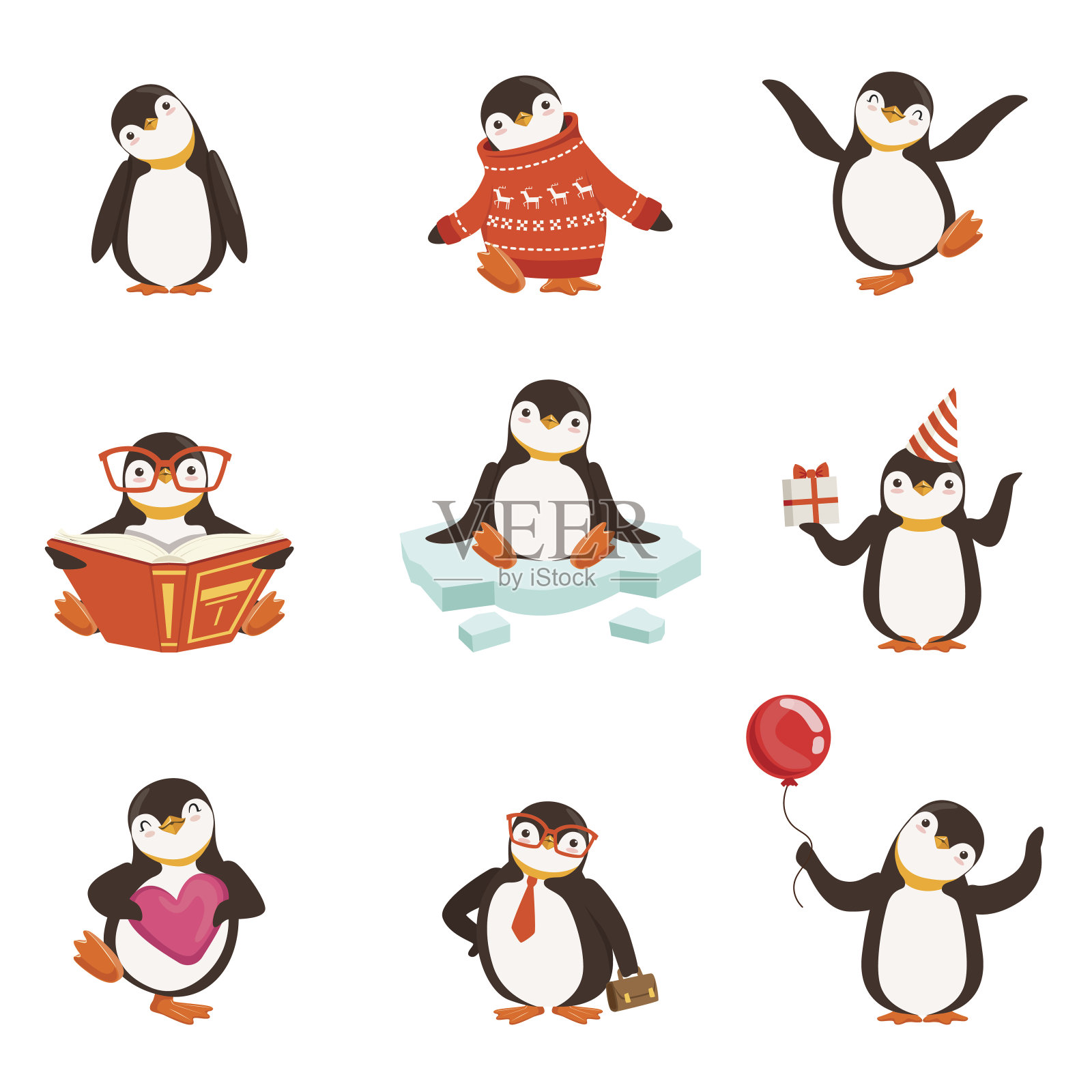 可爱的小企鹅卡通人物为标签设计。彩色详细矢量插图插画图片素材