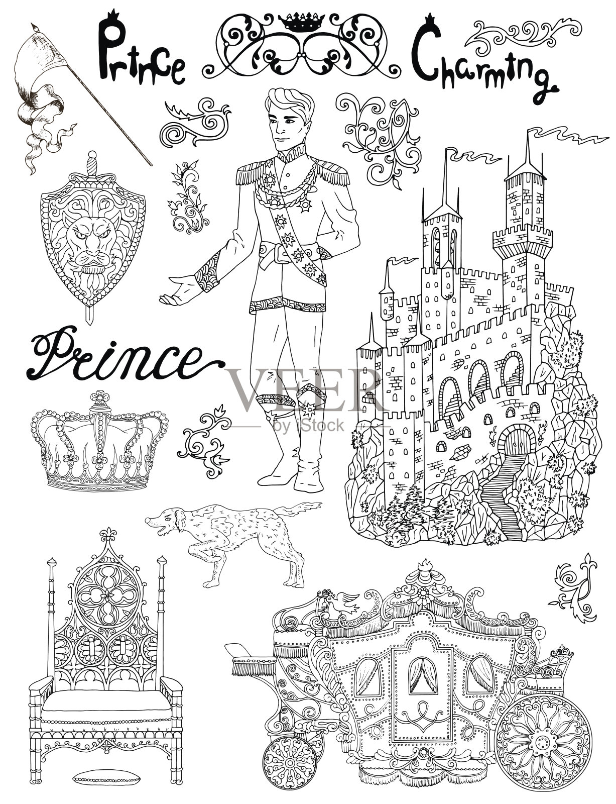 线条艺术涂鸦与王子配件和皇室概念插画图片素材