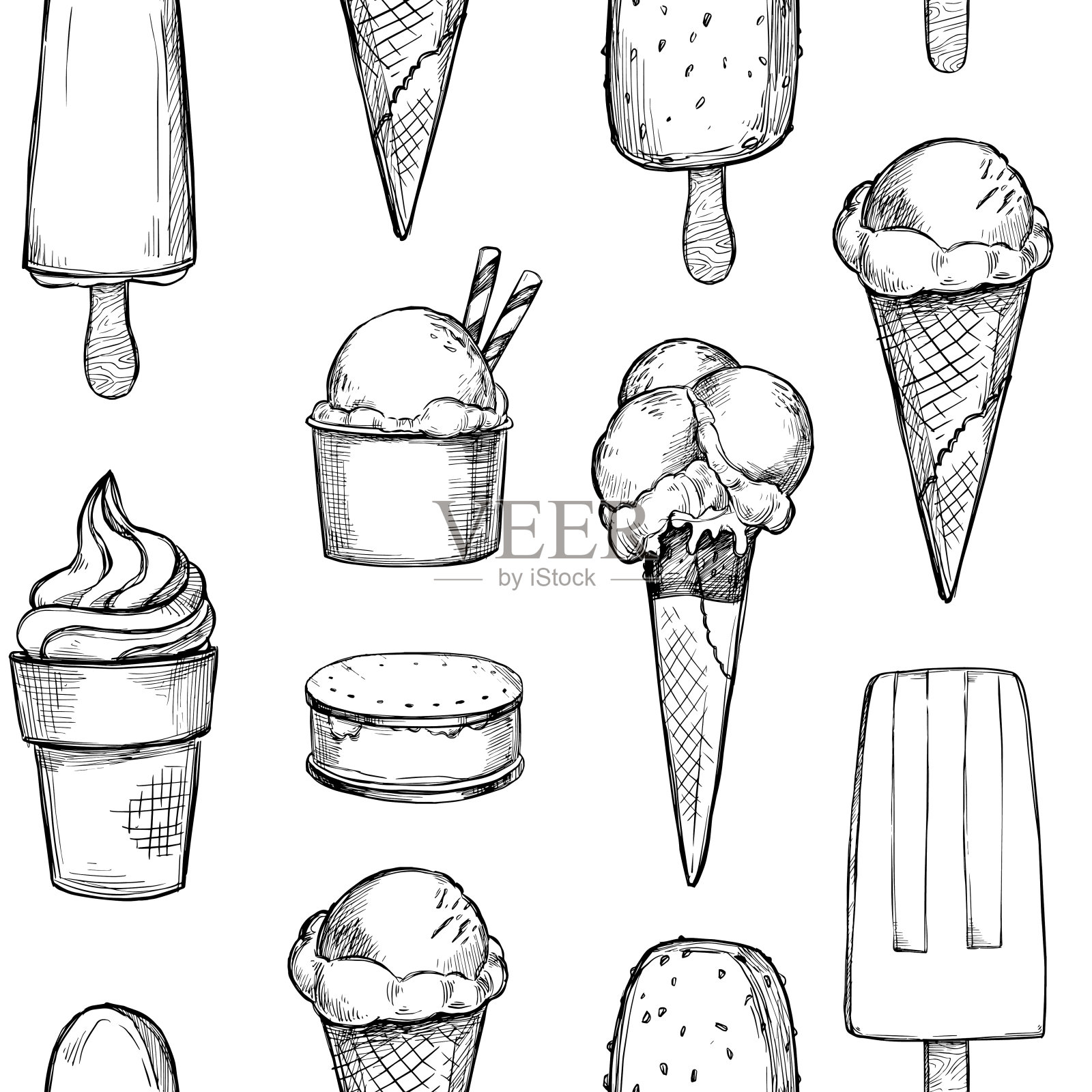 手绘矢量背景-收集的冰淇淋。甜蜜的无缝模式。插图素描风格。适用于包装、纺织、印花、织物等插画图片素材