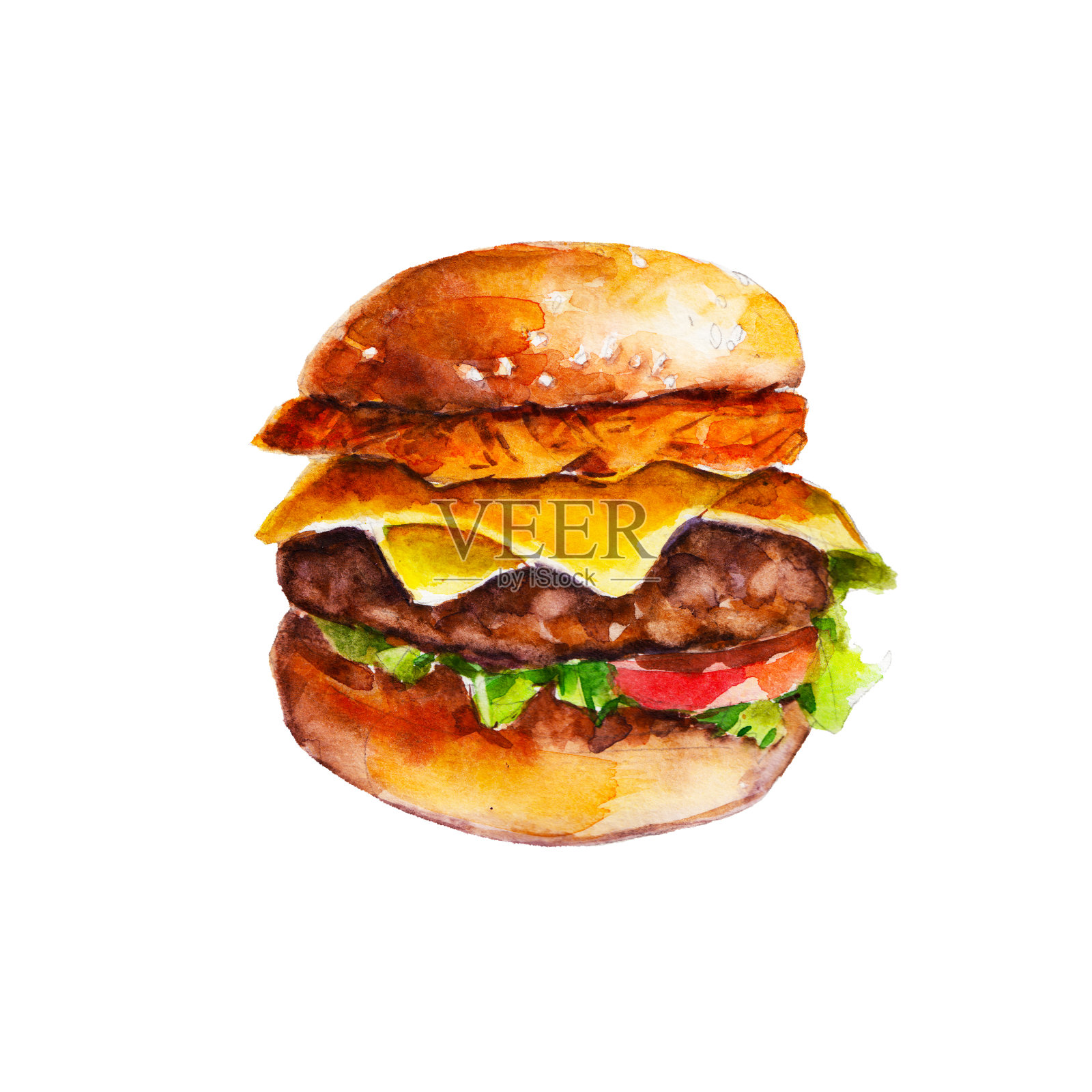 汉堡包与土豆泥棕色和蔬菜，水彩插图孤立在白色背景。设计元素图片