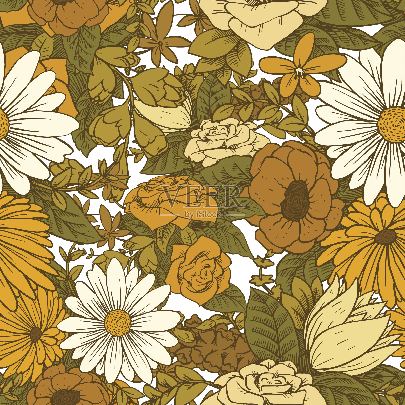 无缝花卉图案与美丽的花在黄色调插画图片素材