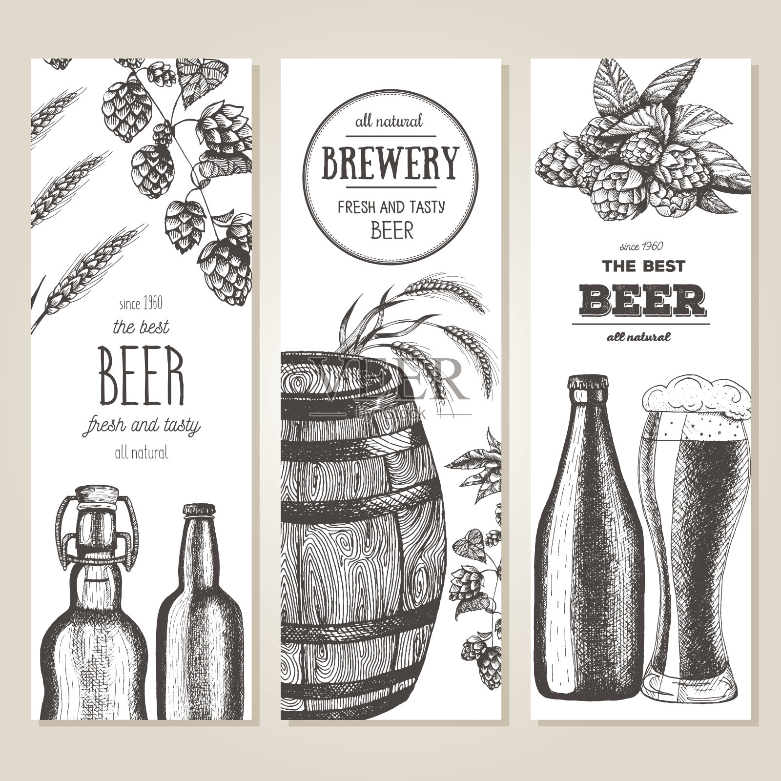 啤酒的横幅。矢量插图在素描风格。手绘啤酒垂直横幅。画线插画图片素材