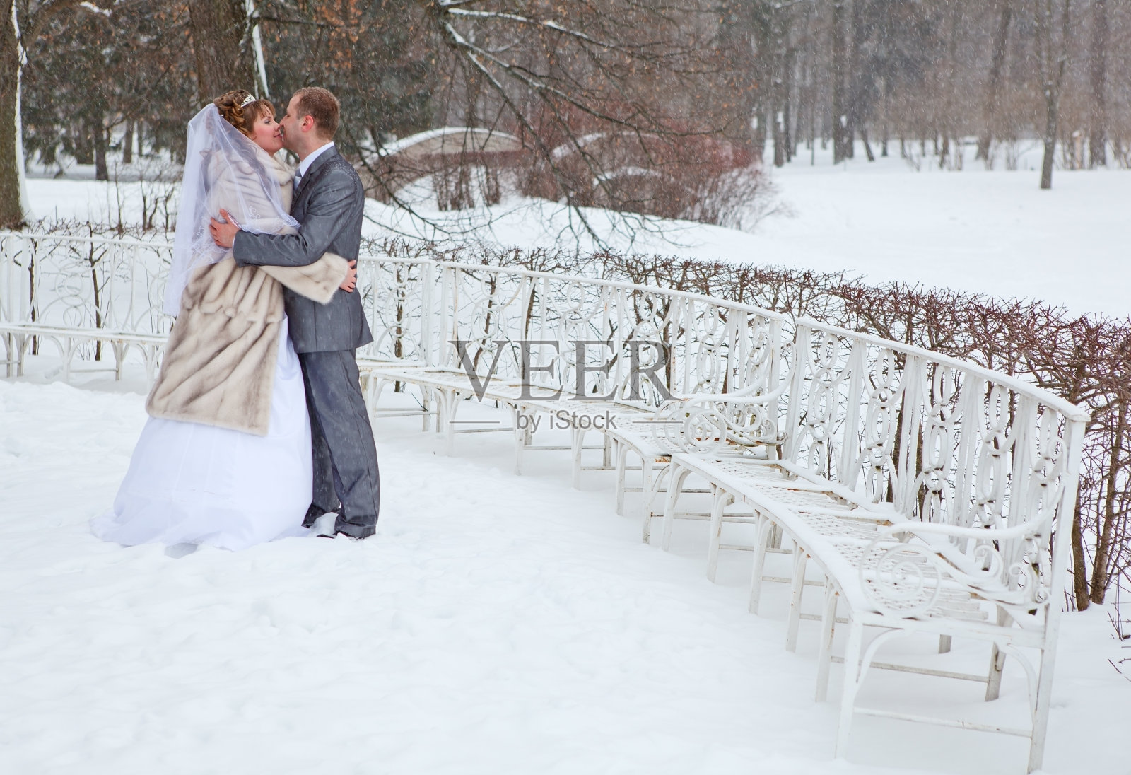年轻的婚礼白种俄罗斯夫妇在白雪公园接吻照片摄影图片