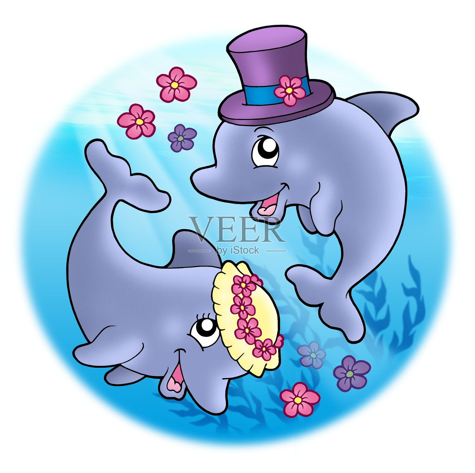 海豚在海里的婚礼形象插画图片素材