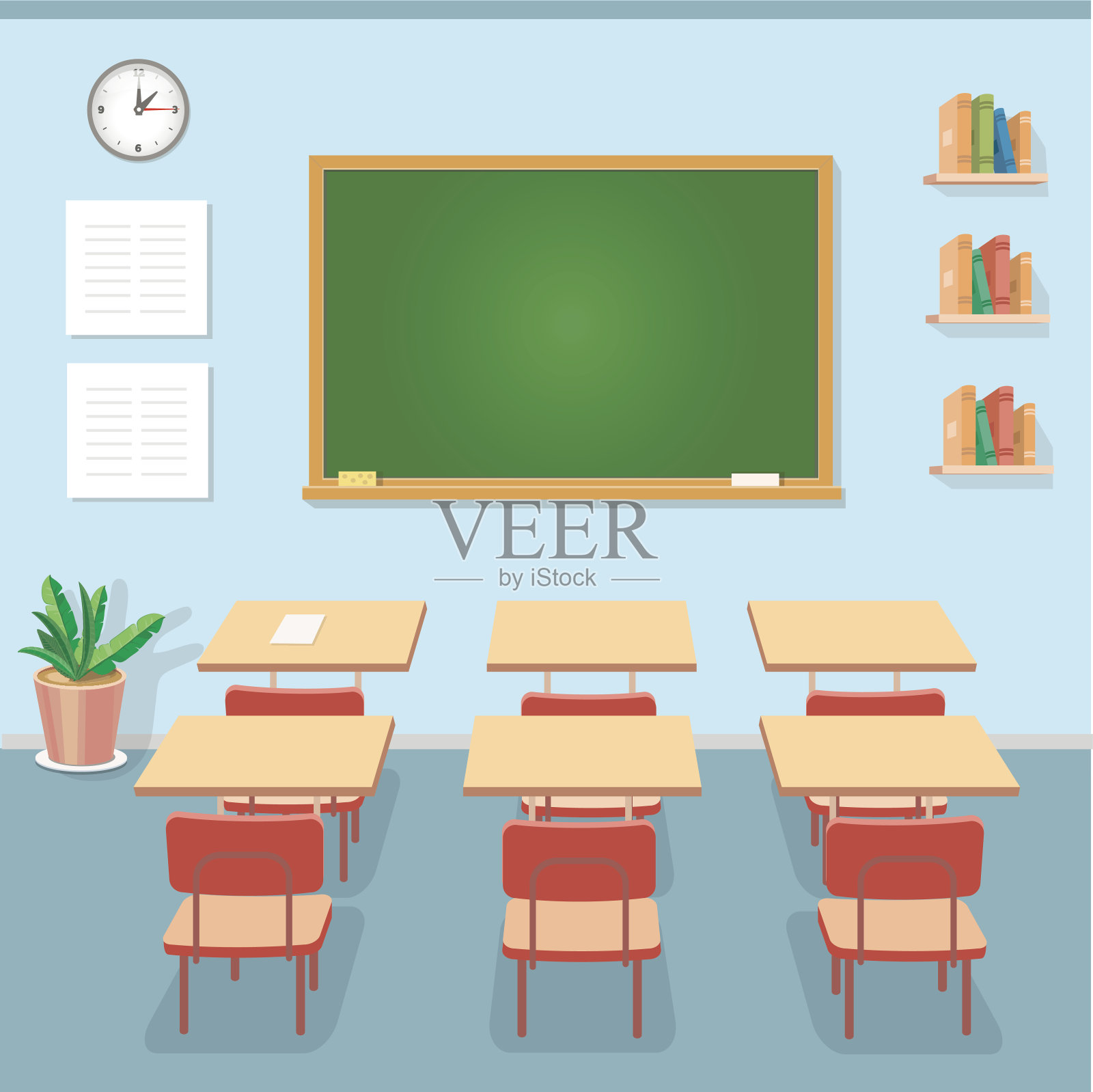 教室里有黑板和课桌。教育类，课程插画图片素材