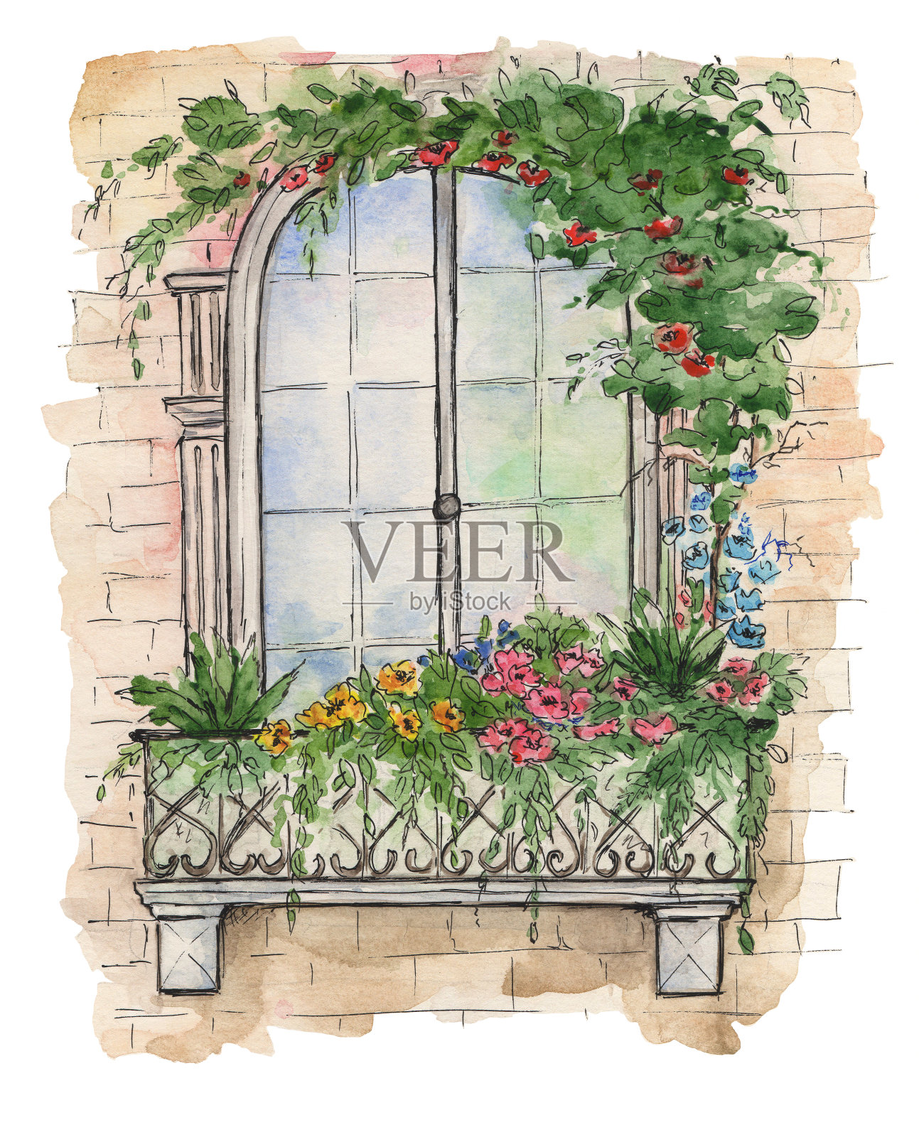 插图的木制旧复古窗户碎片和小阳台花环鲜花。水彩插图插画图片素材