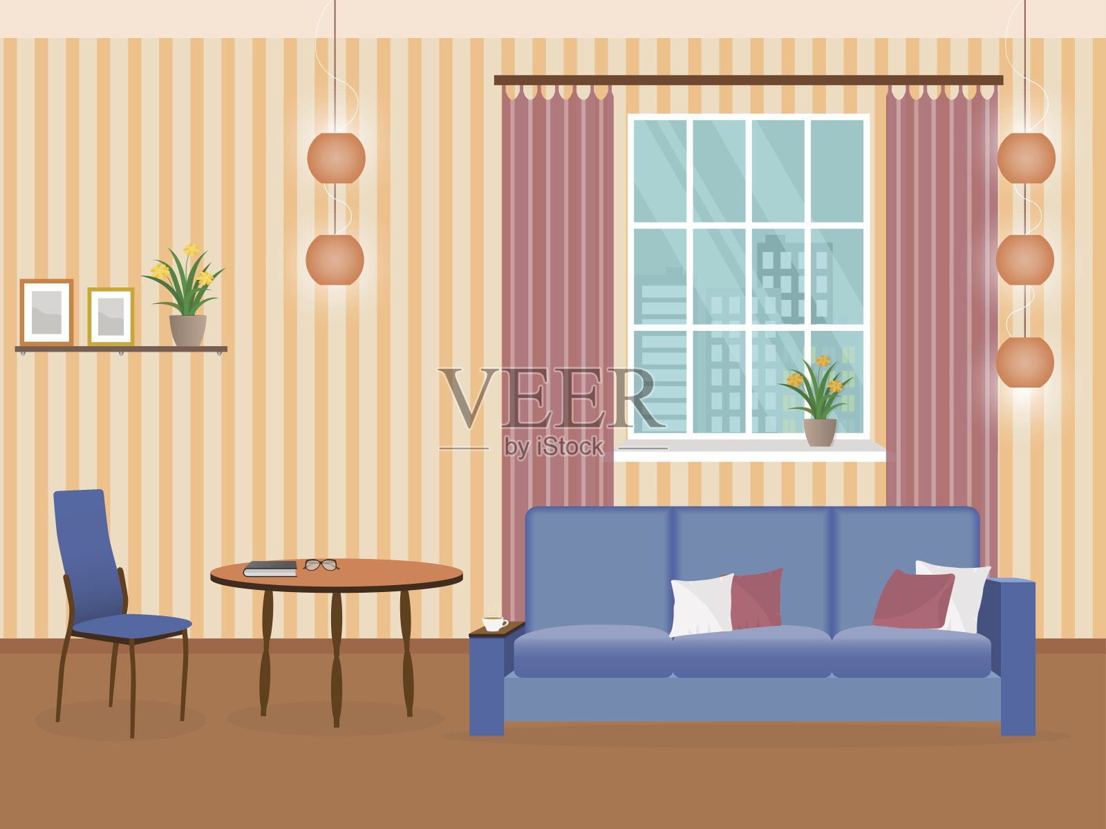 客厅内部以家具、沙发、桌子、书架、椅子等为平面设计。插画图片素材