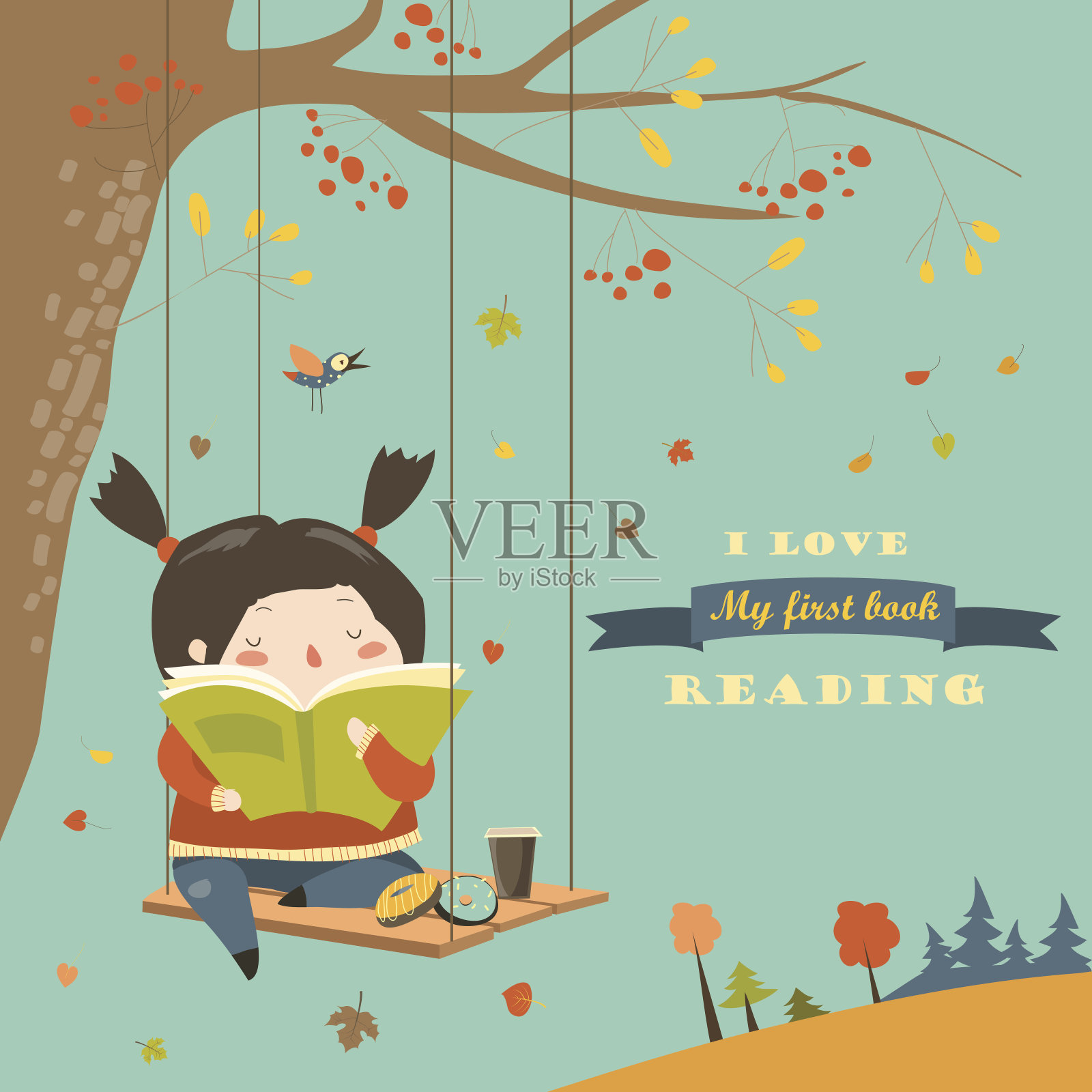 可爱的女孩在秋天的公园里荡秋千和看书插画图片素材