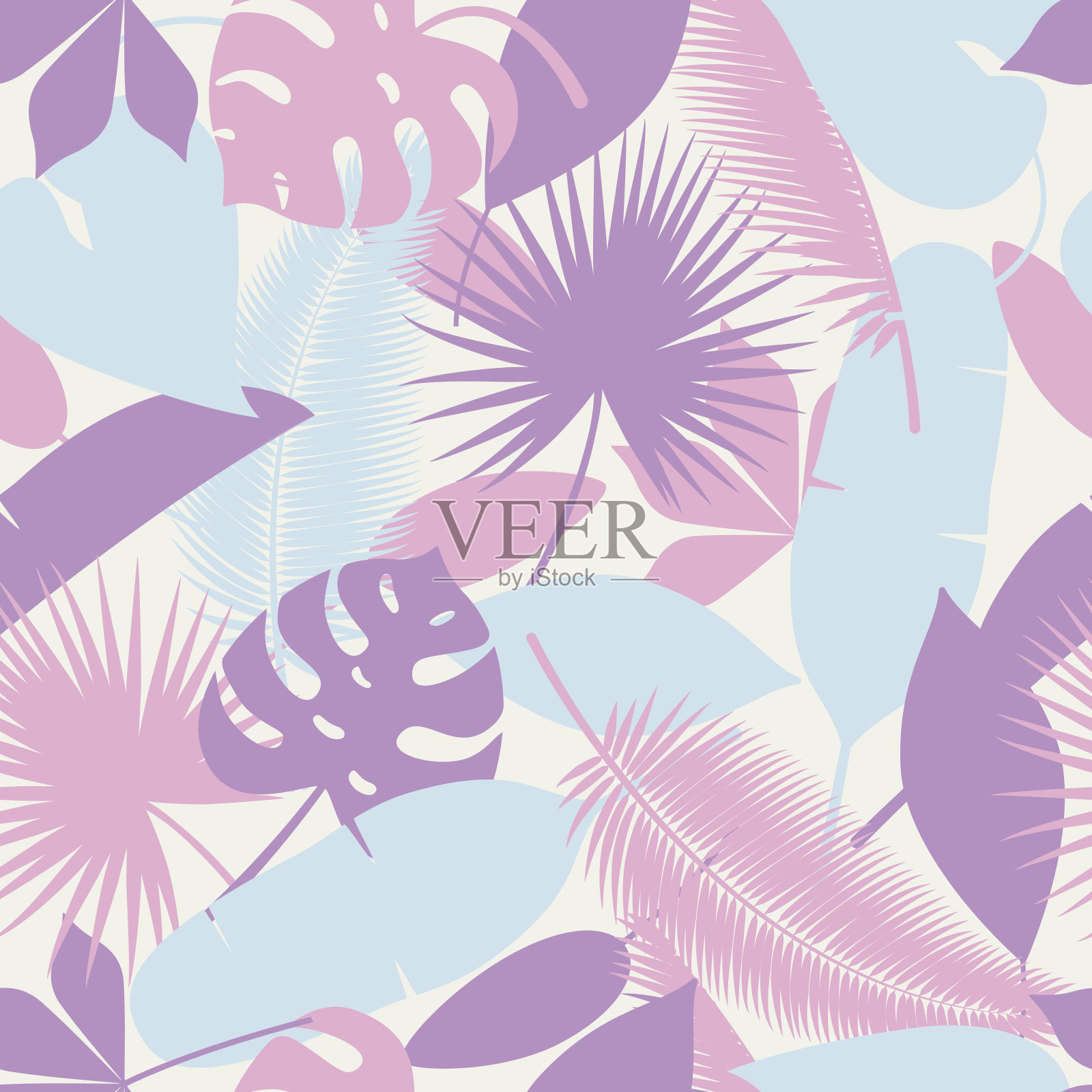 淡蓝色，粉红色和紫色的热带叶子插画图片素材
