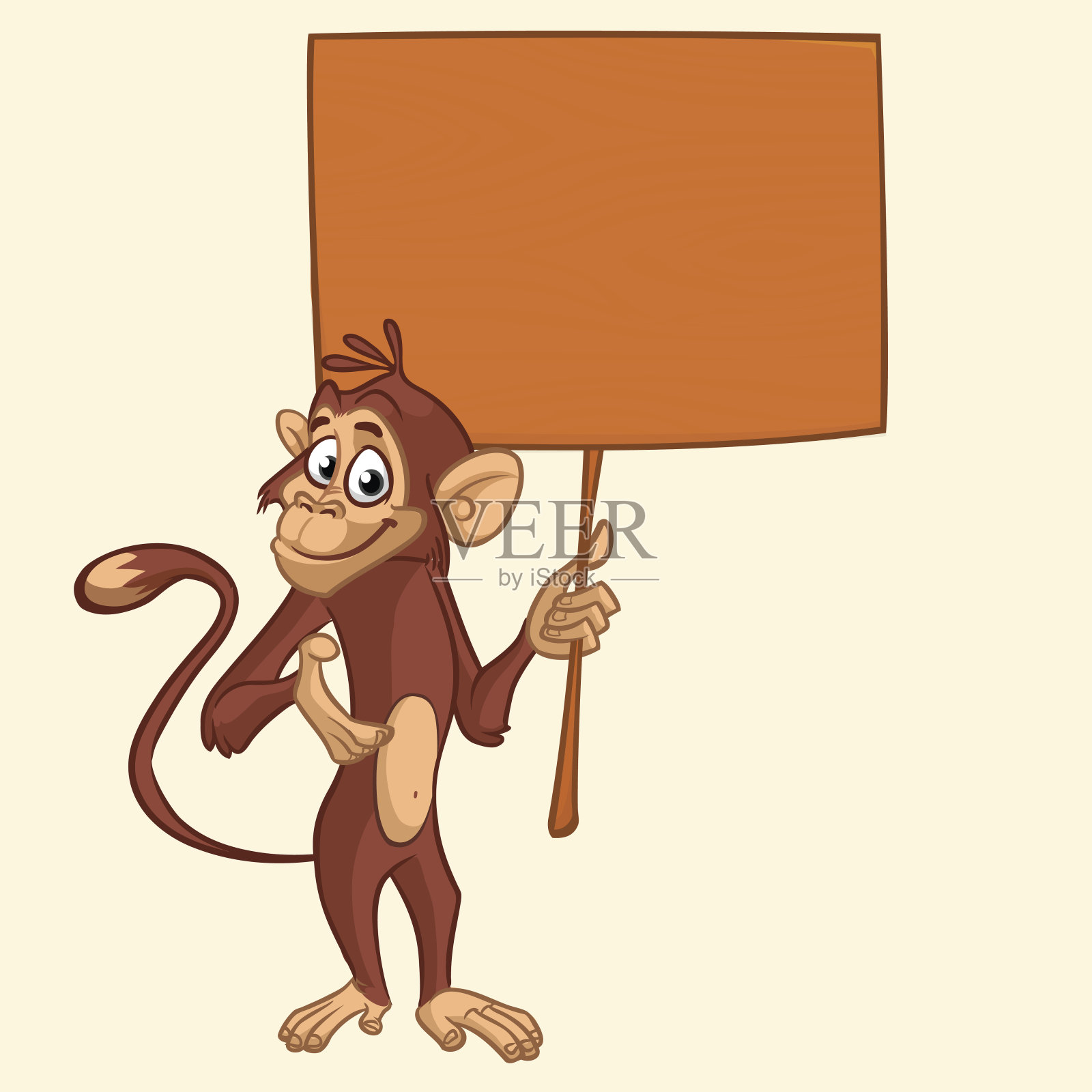 可爱的卡通chempanzee拿着空白的木制标志。矢量插图的一个有趣的猴子插画图片素材
