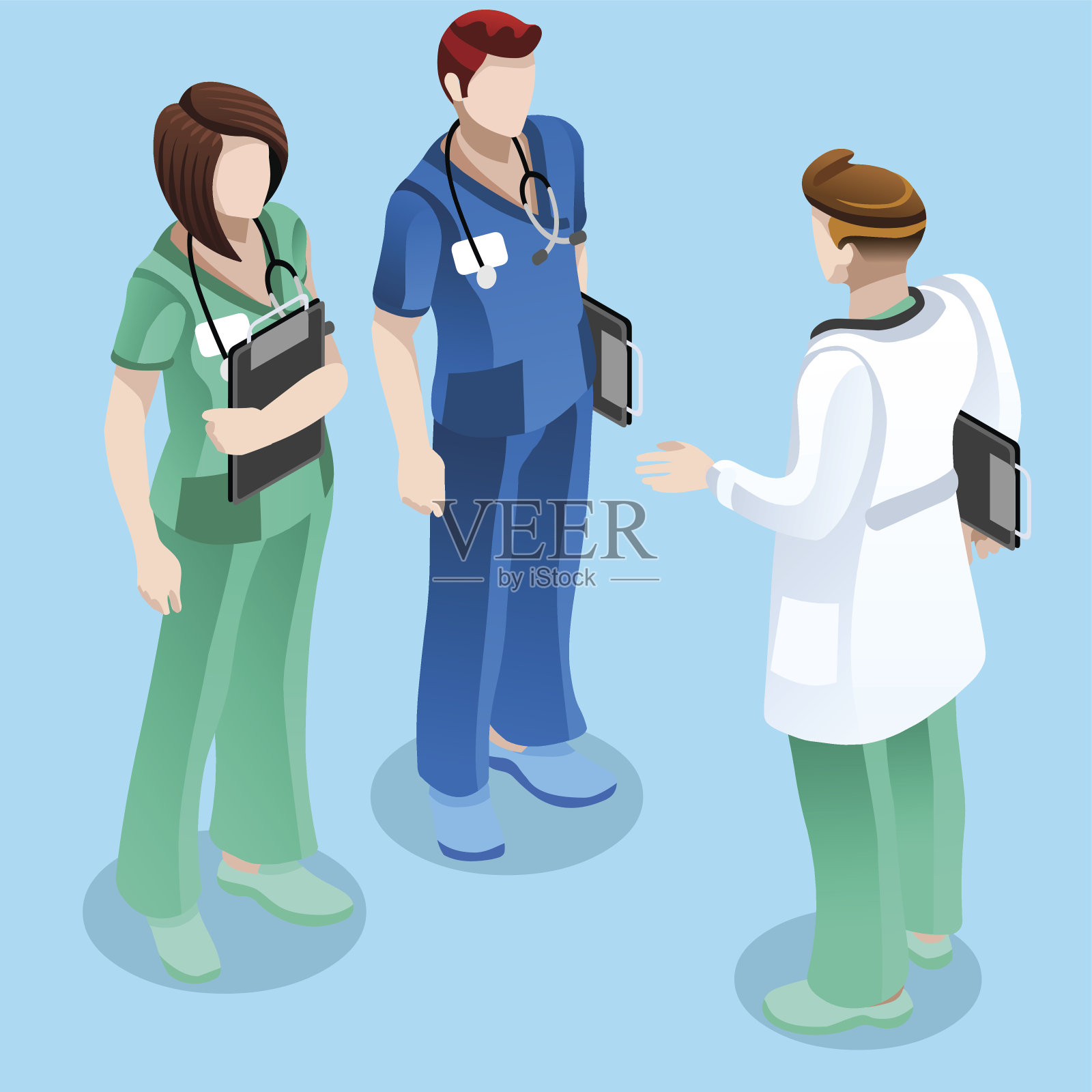 医生与两个护士谈话矢量等距人插画图片素材