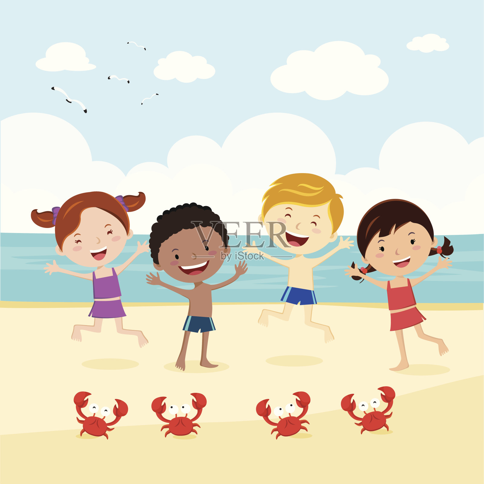海滩上快乐的孩子们插画图片素材