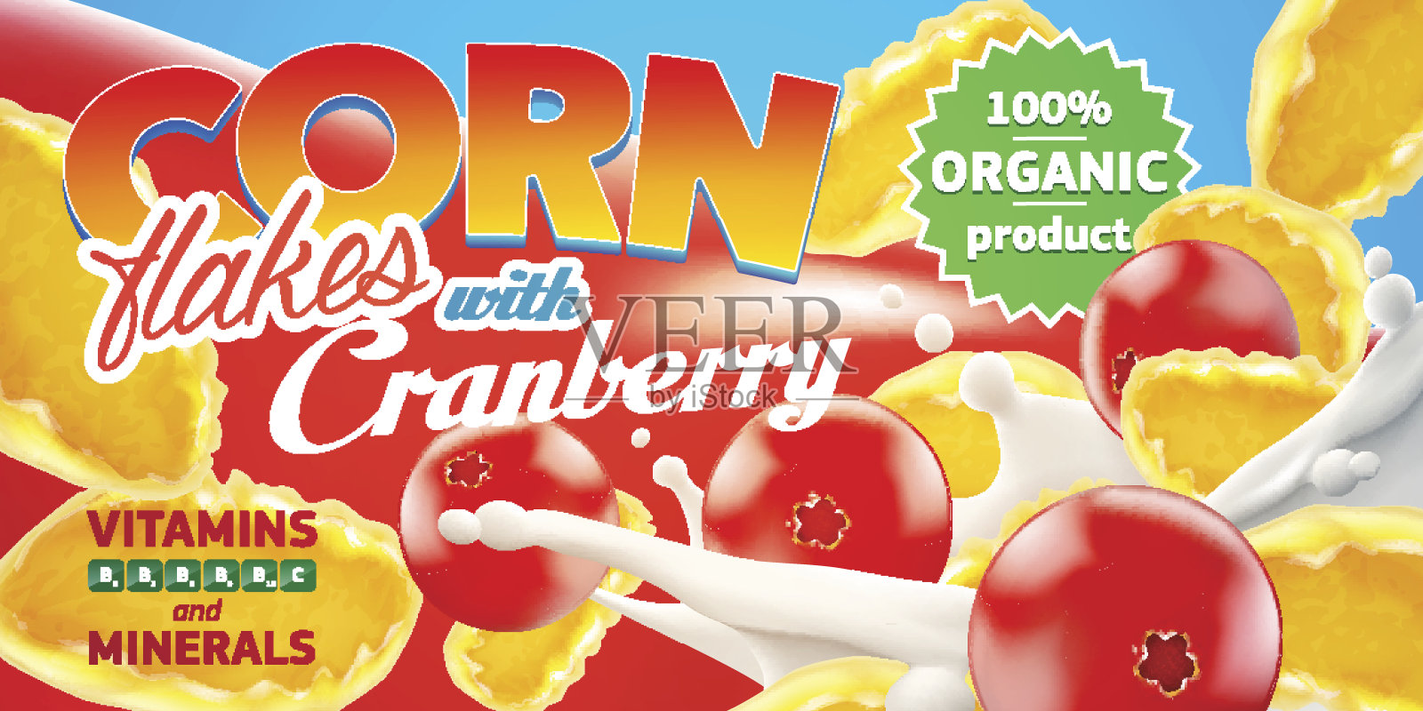 逼真的玉米片与蔓越莓广告插图与大牛奶喷溅。高质量的艺术广告传单，海报或标签设计插画图片素材