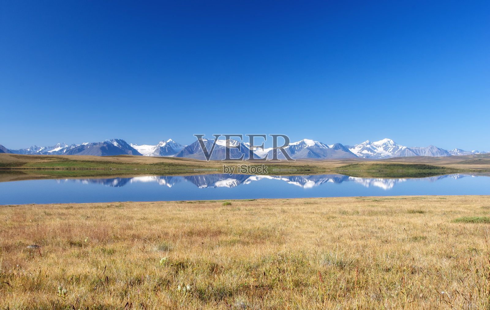 彩色明亮的景观草原滨湖与干黄色的草和反射的高山脉与雪冰川冰下的蓝天白云Ukok高原阿尔泰西伯利亚俄罗斯。照片摄影图片