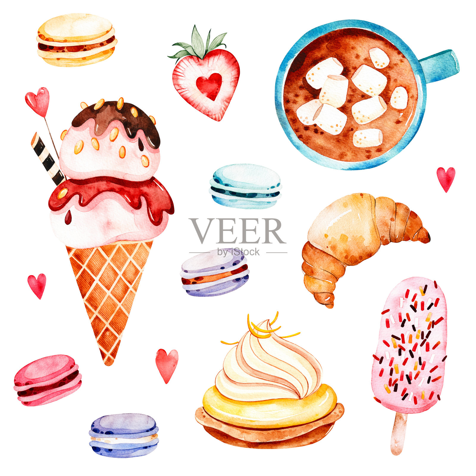 水彩糖果背景冰淇淋，纸杯蛋糕，花束华夫饼插画图片素材
