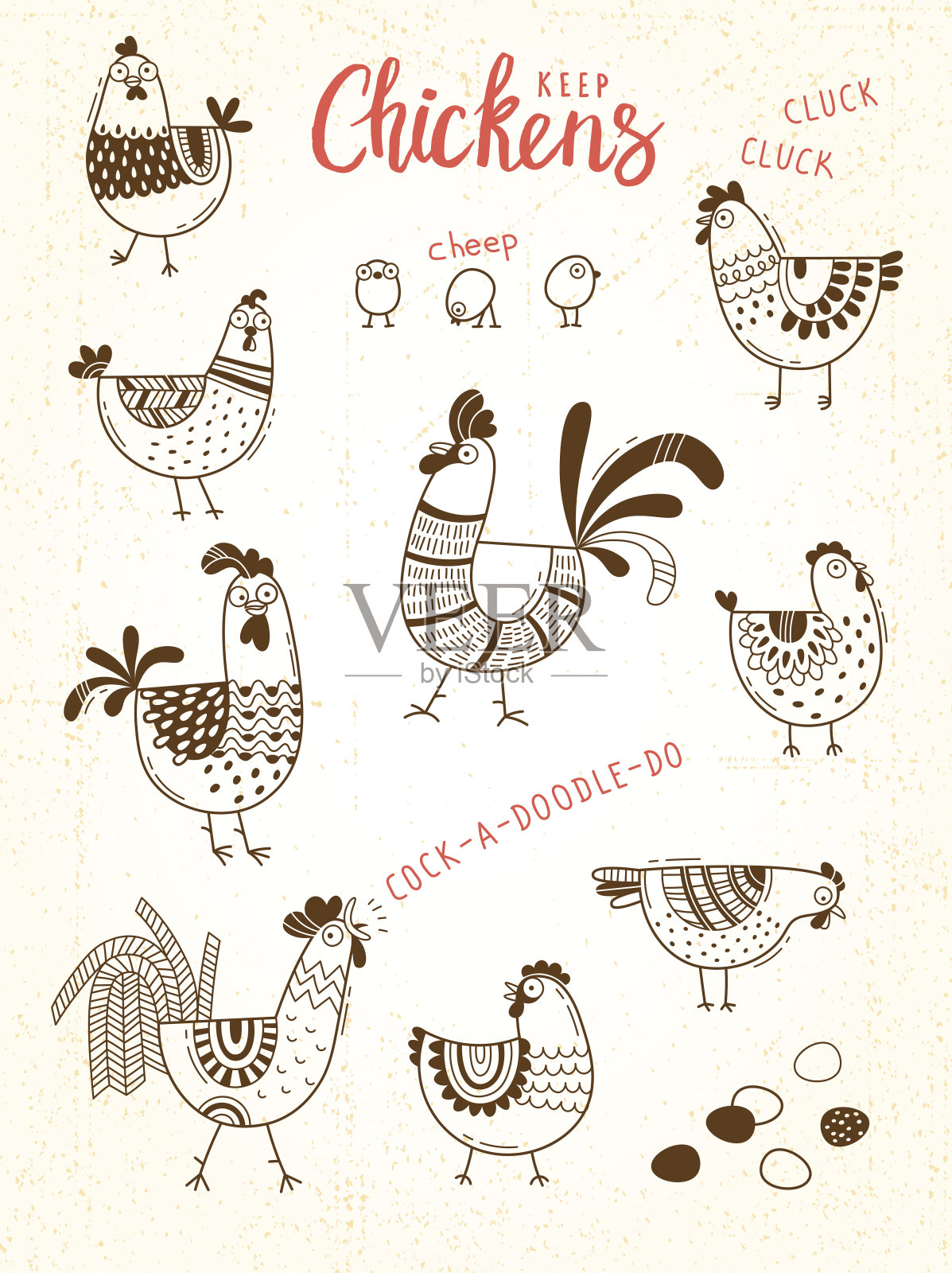 矢量图像的鸡，母鸡，公鸡，鸡蛋在卡通风格，线条艺术。设计元素包括食品包装，广告横幅，卡片插画图片素材