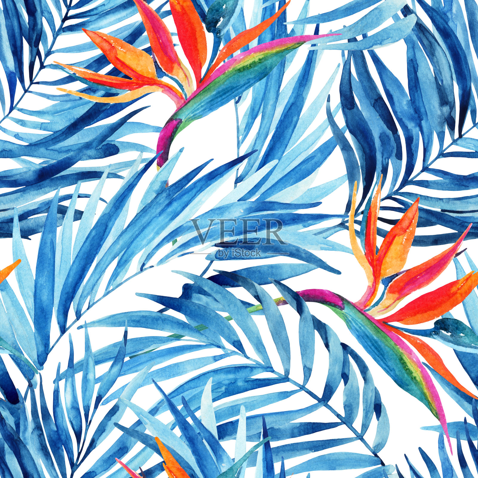 水彩热带夏季叶花无缝图案。插画图片素材
