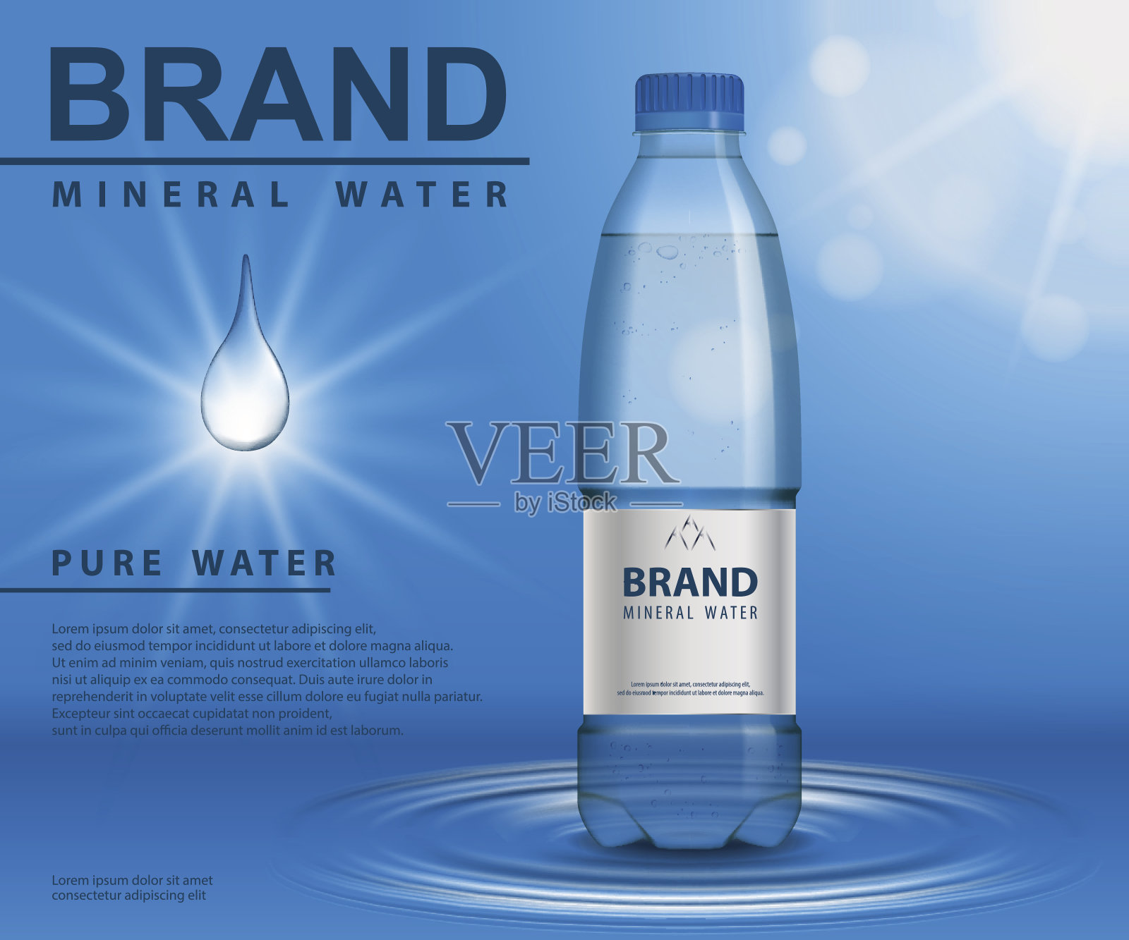 纯矿泉水广告，蓝色背景上有水滴元素的塑料瓶。透明的集装箱模型，用您的品牌设计和广告。逼真的3d插图矢量插画图片素材