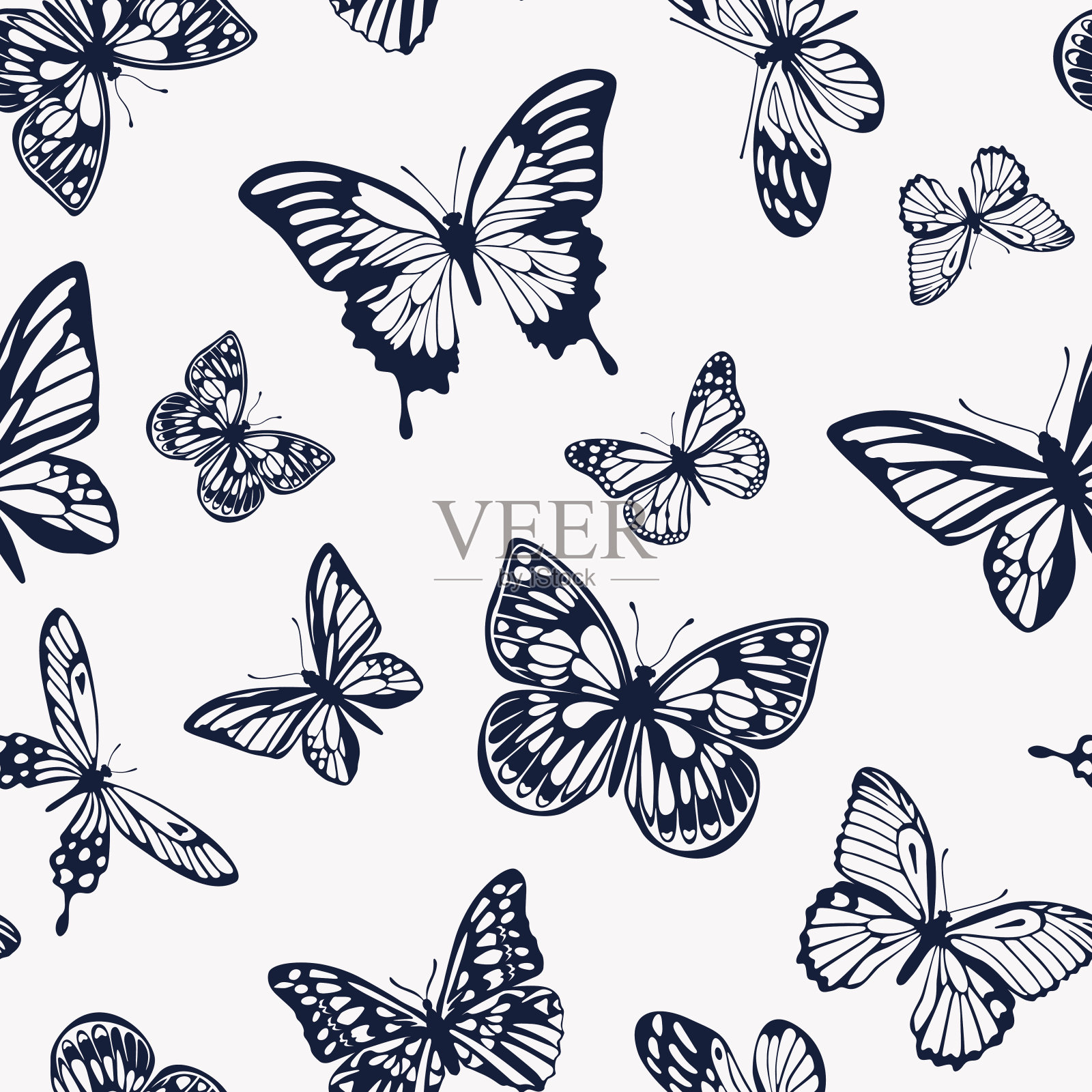 无缝的双色调图案与蝴蝶的轮廓。矢量插图。设计元素图片