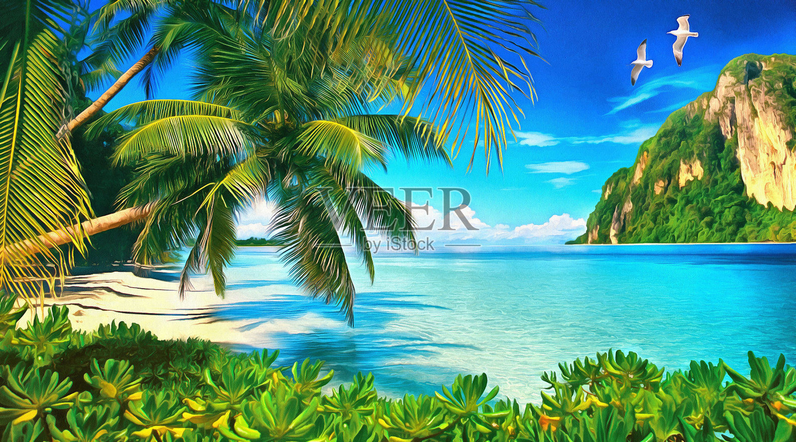 热带海湾，有绿色植物，棕榈树和海鸥插画图片素材