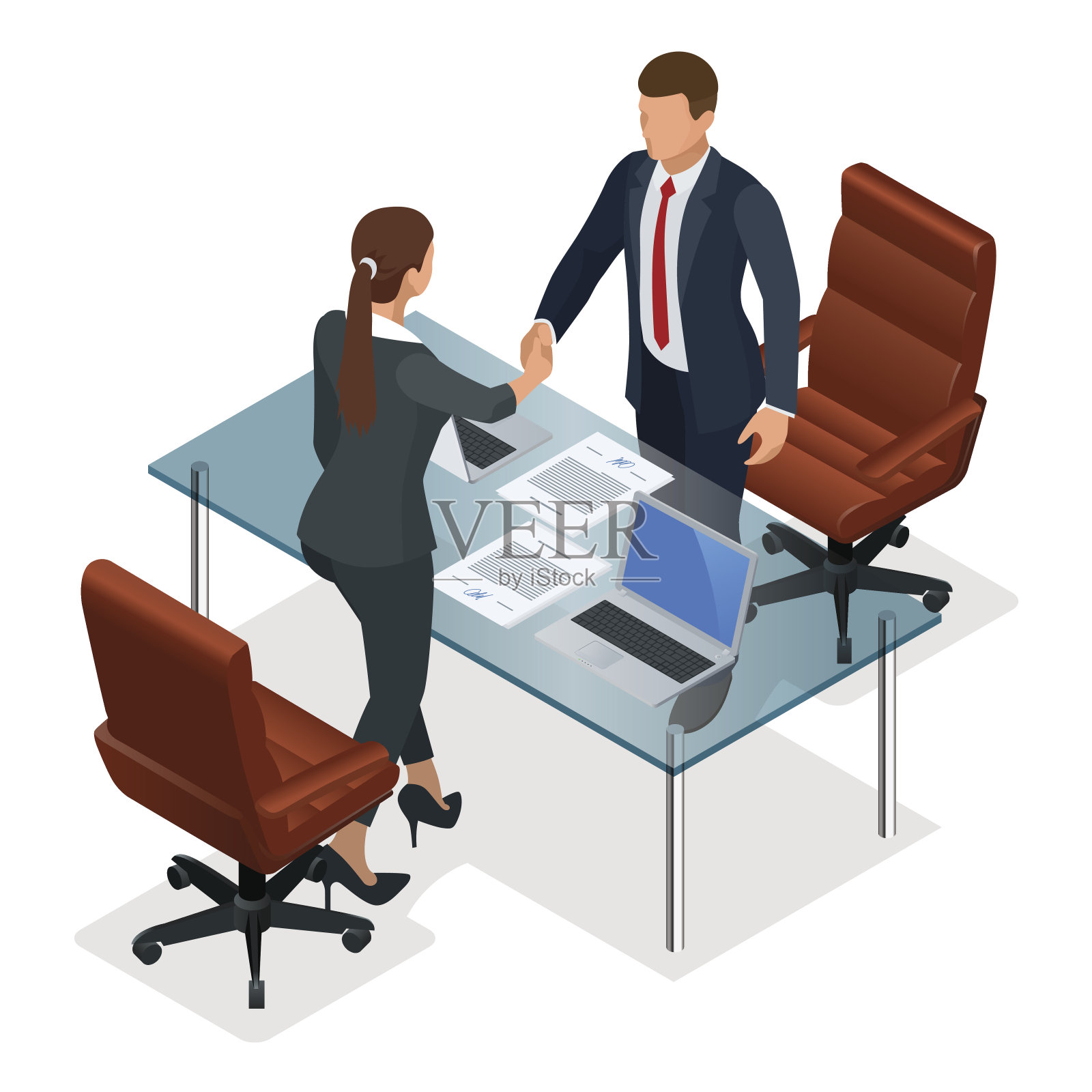 商务人士在办公室谈判或面试后握手。富有成效的伙伴关系的概念。建设性的商业对抗等距矢量插图设计元素图片