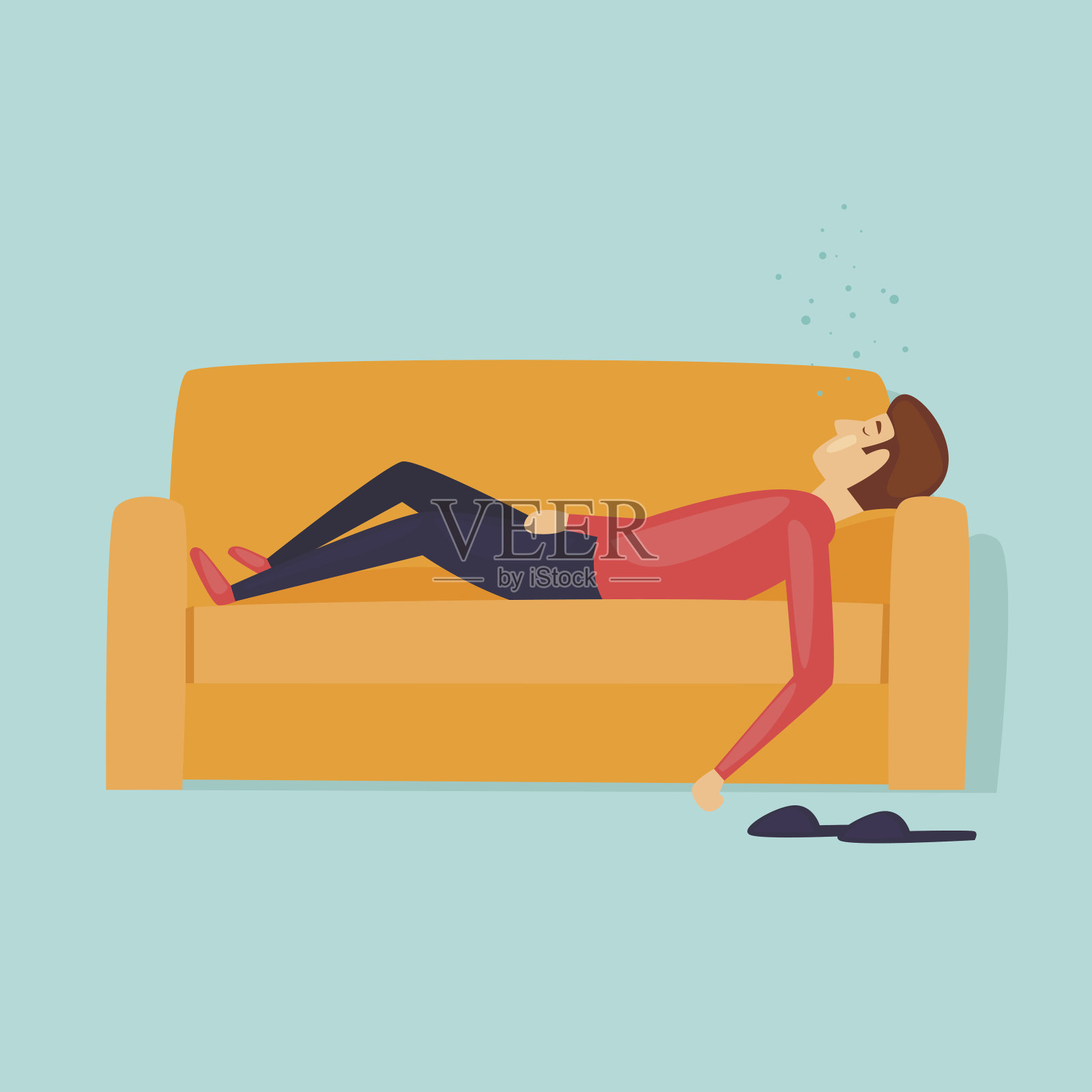 懒惰，一个男人就睡在沙发上。平面设计矢量插图。插画图片素材