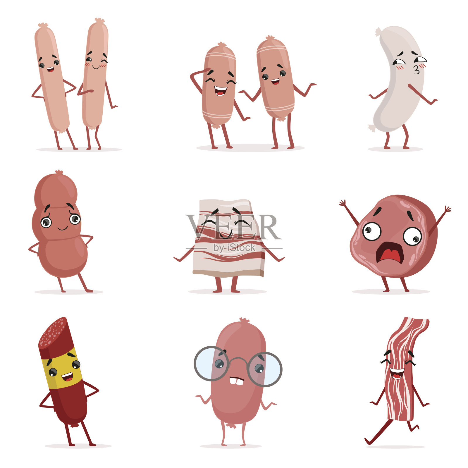 可爱有趣的人性化香肠、培根、意大利腊肠展现不同情感的彩色人物矢量插图插画图片素材