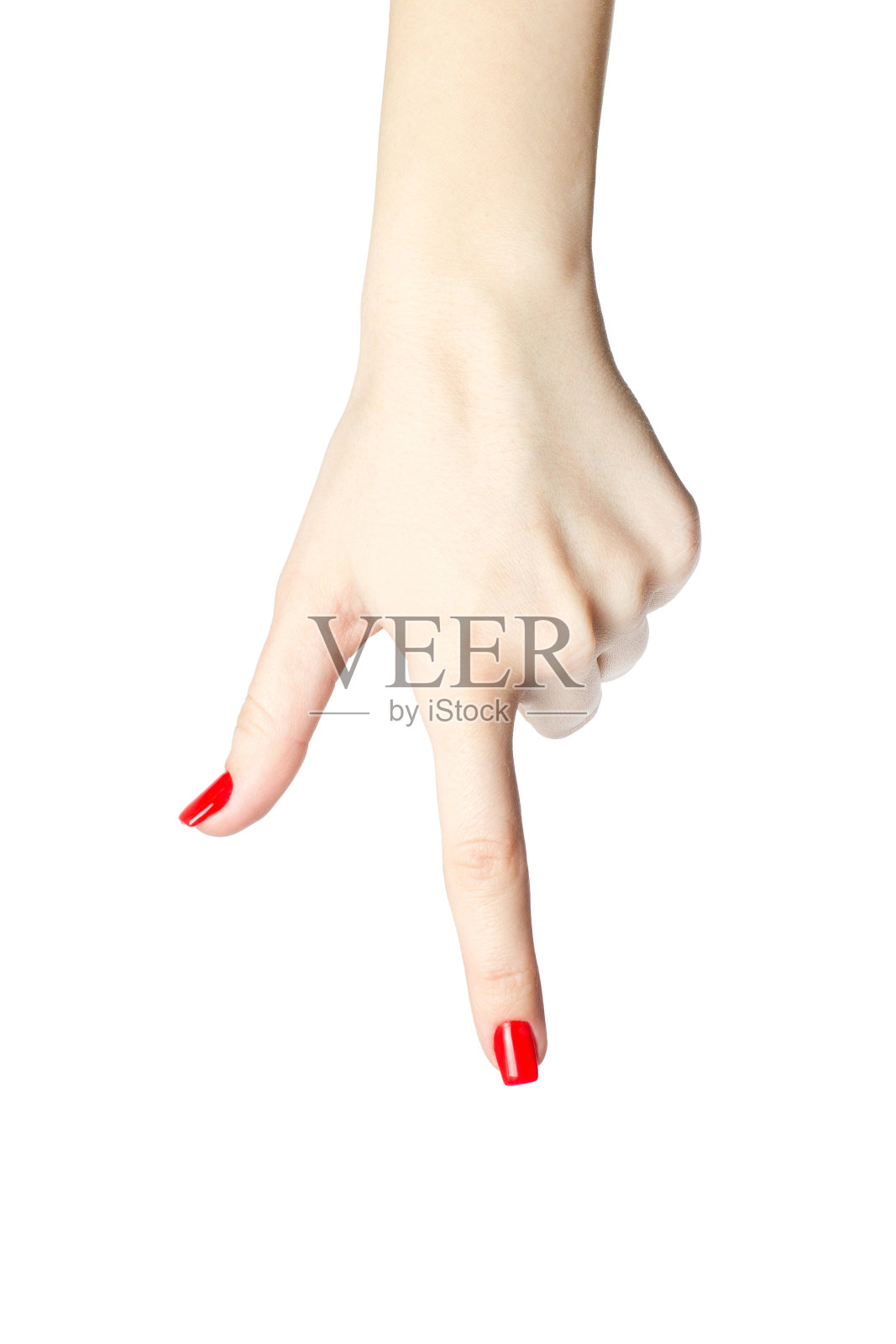 特写的女人的手与红色指甲指向食指在白色的背景。照片摄影图片